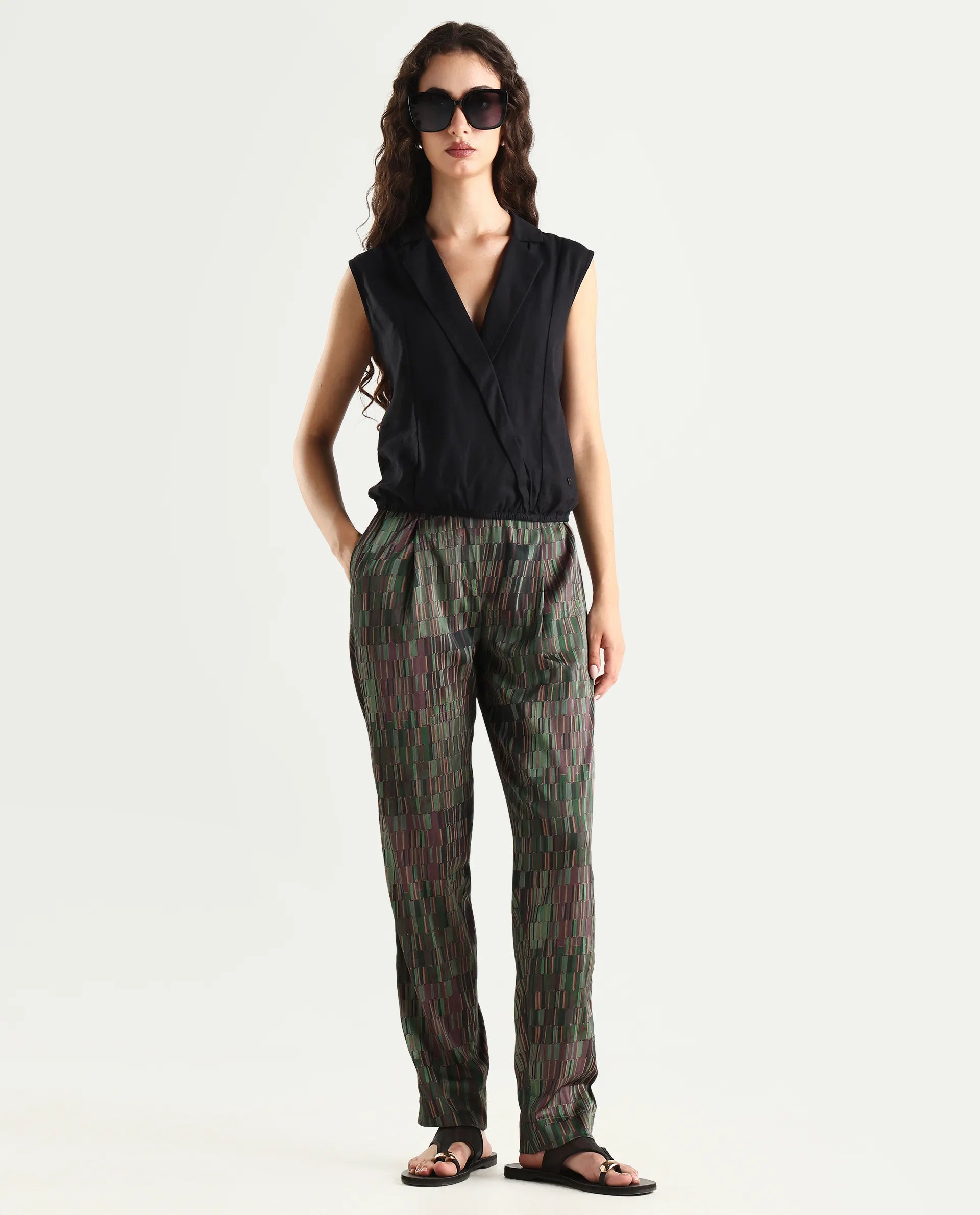 Rareism Women's Millie Olive Polyester Geometric Print Ankle Length Tailored Trouser