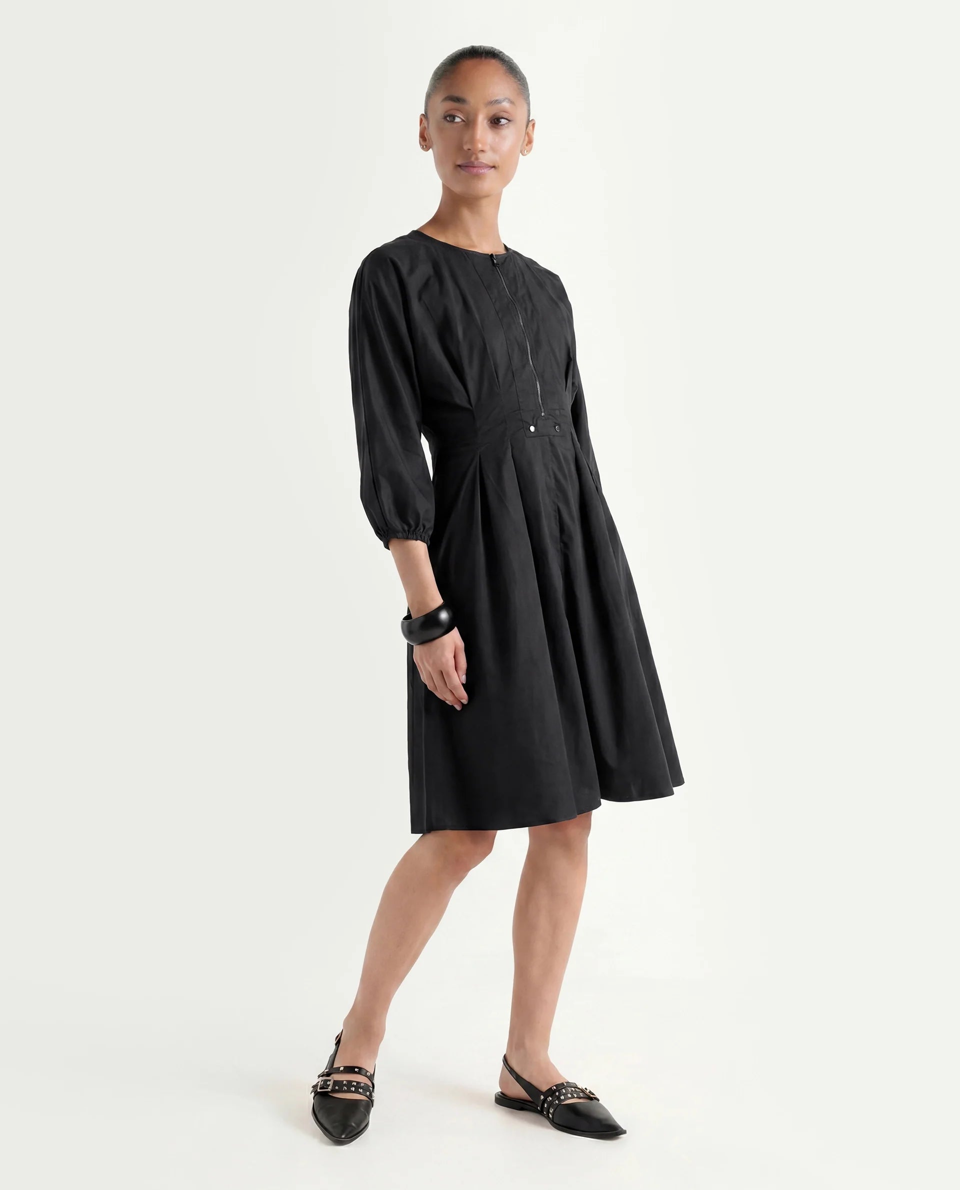 Rareism Women's Mayem Black Cotton Crew Neck Plain Volume Sleeve Knee Length Fit And Flare Dress