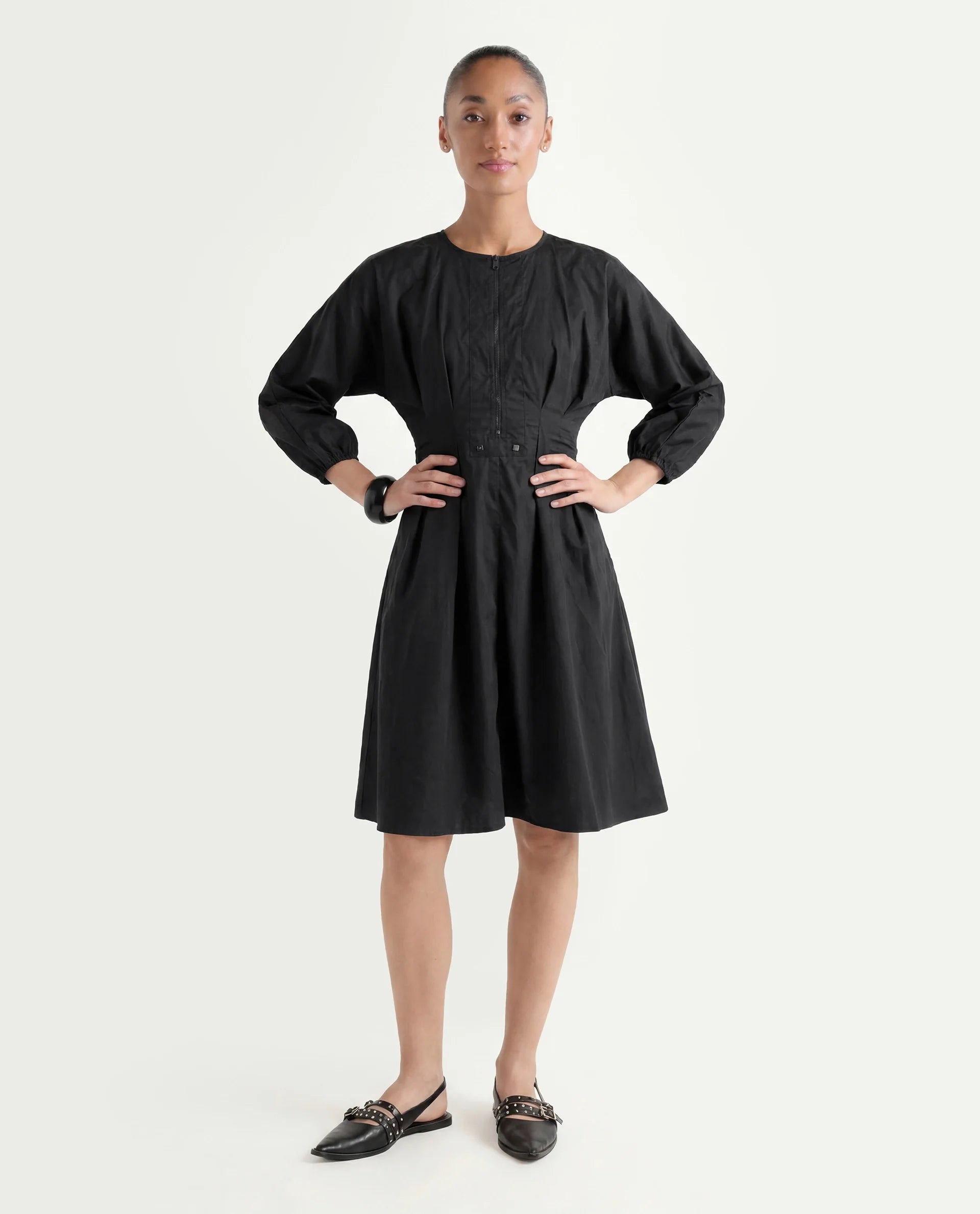 Rareism Women's Mayem Black Cotton Crew Neck Plain Volume Sleeve Knee Length Fit And Flare Dress