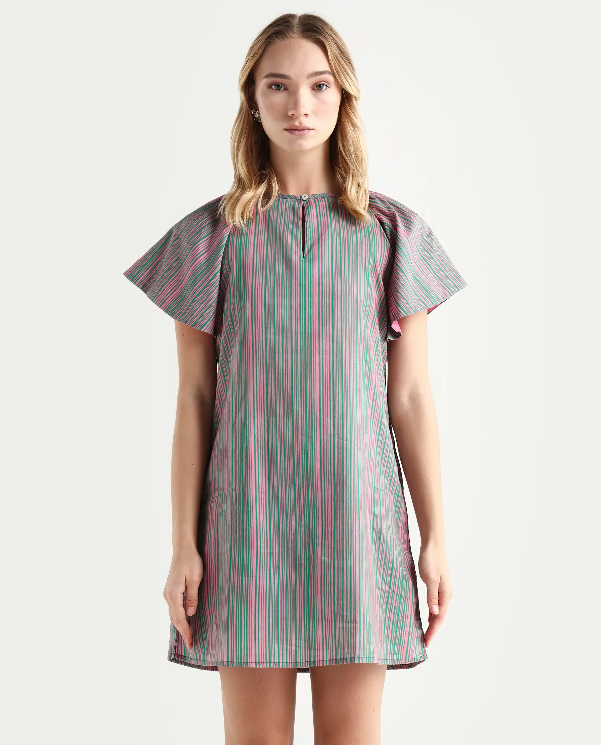 Rareism Women's Berta Pink Cotton Key Hole Neck Striped Ruffled Sleeve Mini Flared Dress