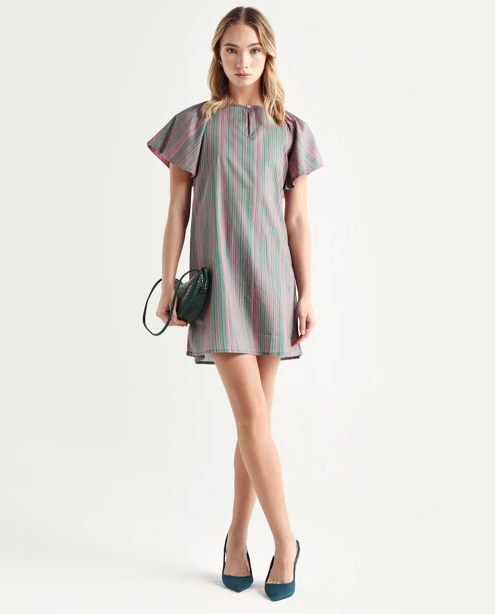 Rareism Women's Berta Pink Cotton Key Hole Neck Striped Ruffled Sleeve Mini Flared Dress