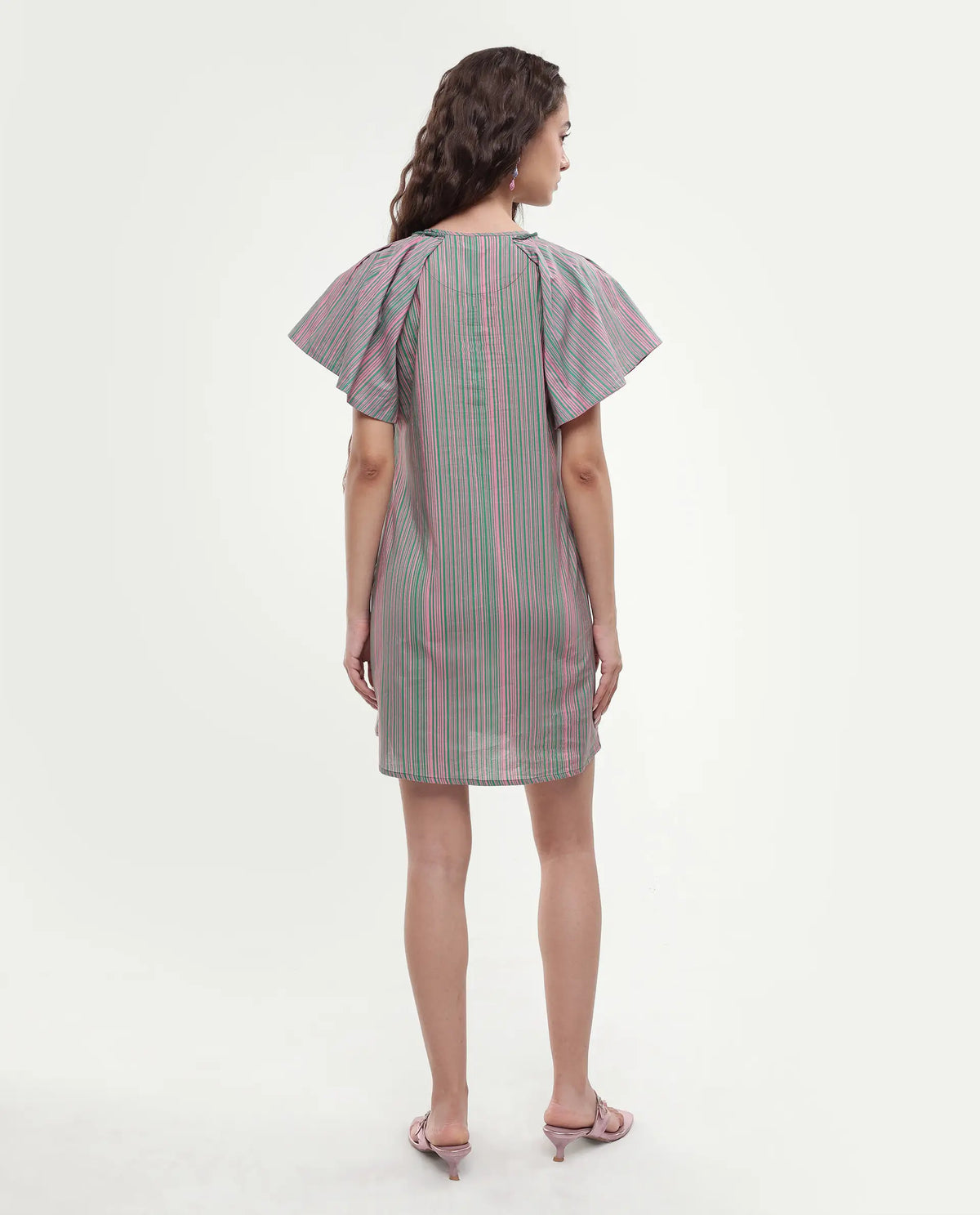 Rareism Women's Berta Pink Cotton Key Hole Neck Striped Ruffled Sleeve Mini Flared Dress