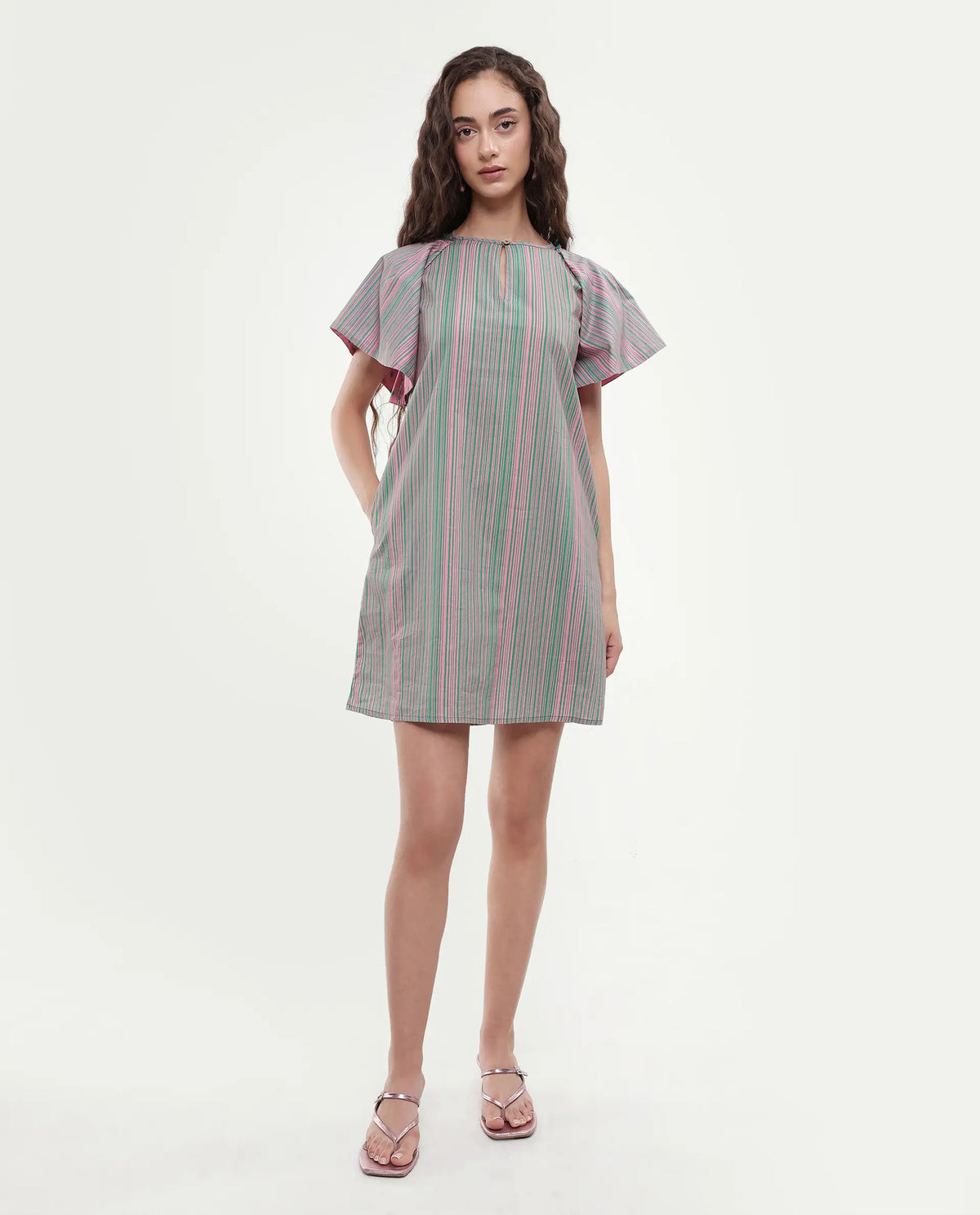 Rareism Women's Berta Pink Cotton Key Hole Neck Striped Ruffled Sleeve Mini Flared Dress