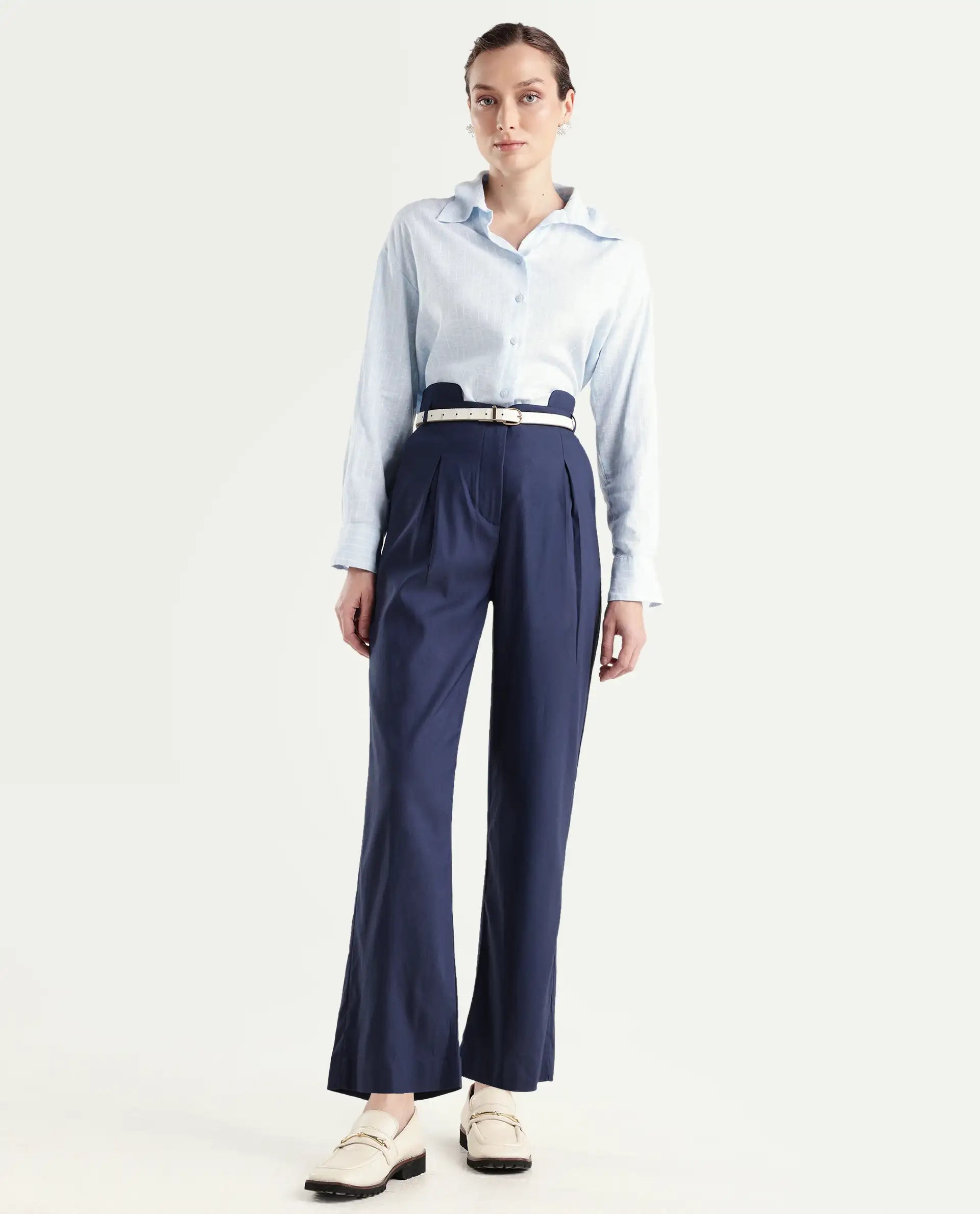 Rareism Women's Evanova Navy Viscose Plain Ankle Length Regular Fit Trouser