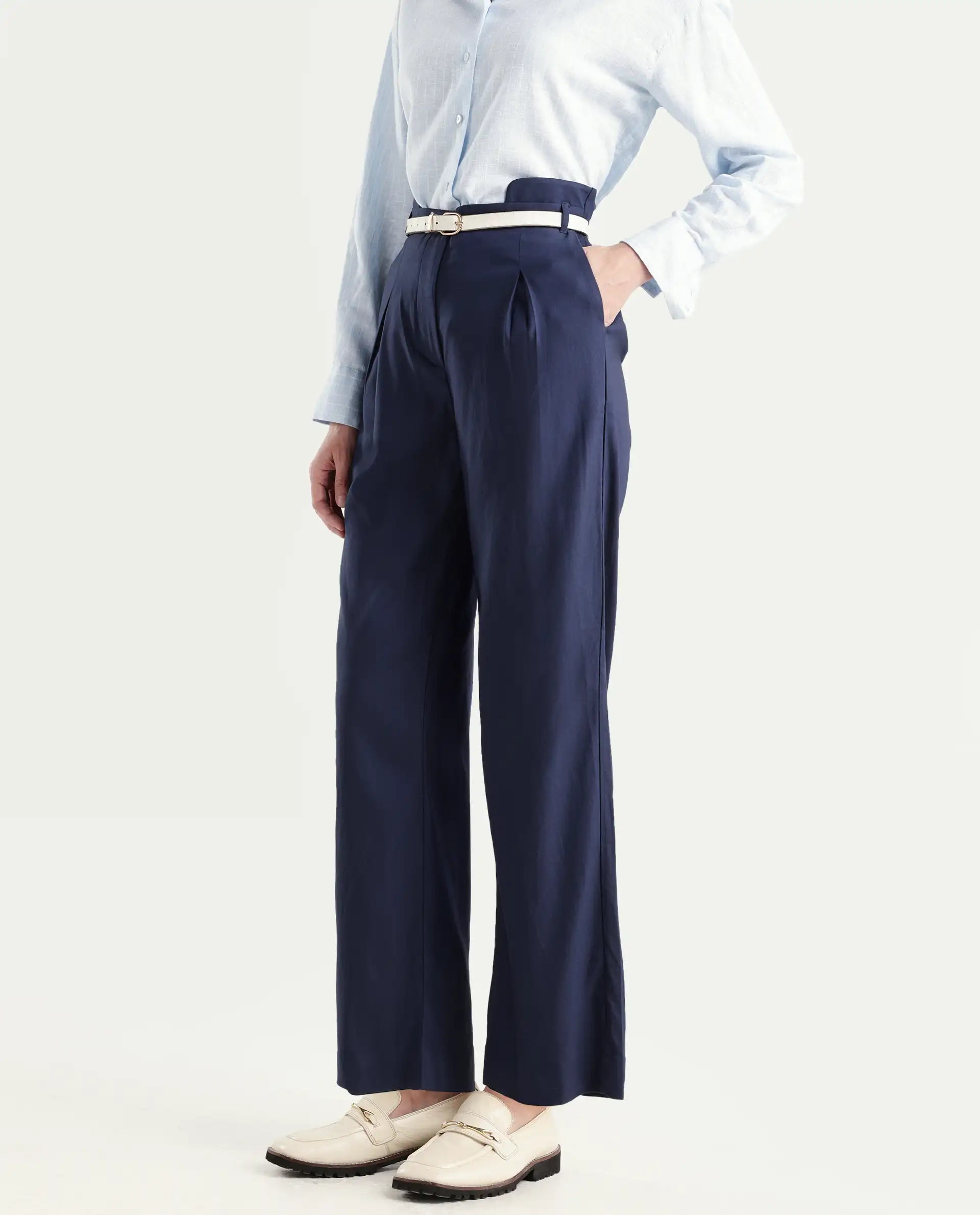 Rareism Women's Evanova Navy Viscose Plain Ankle Length Regular Fit Trouser