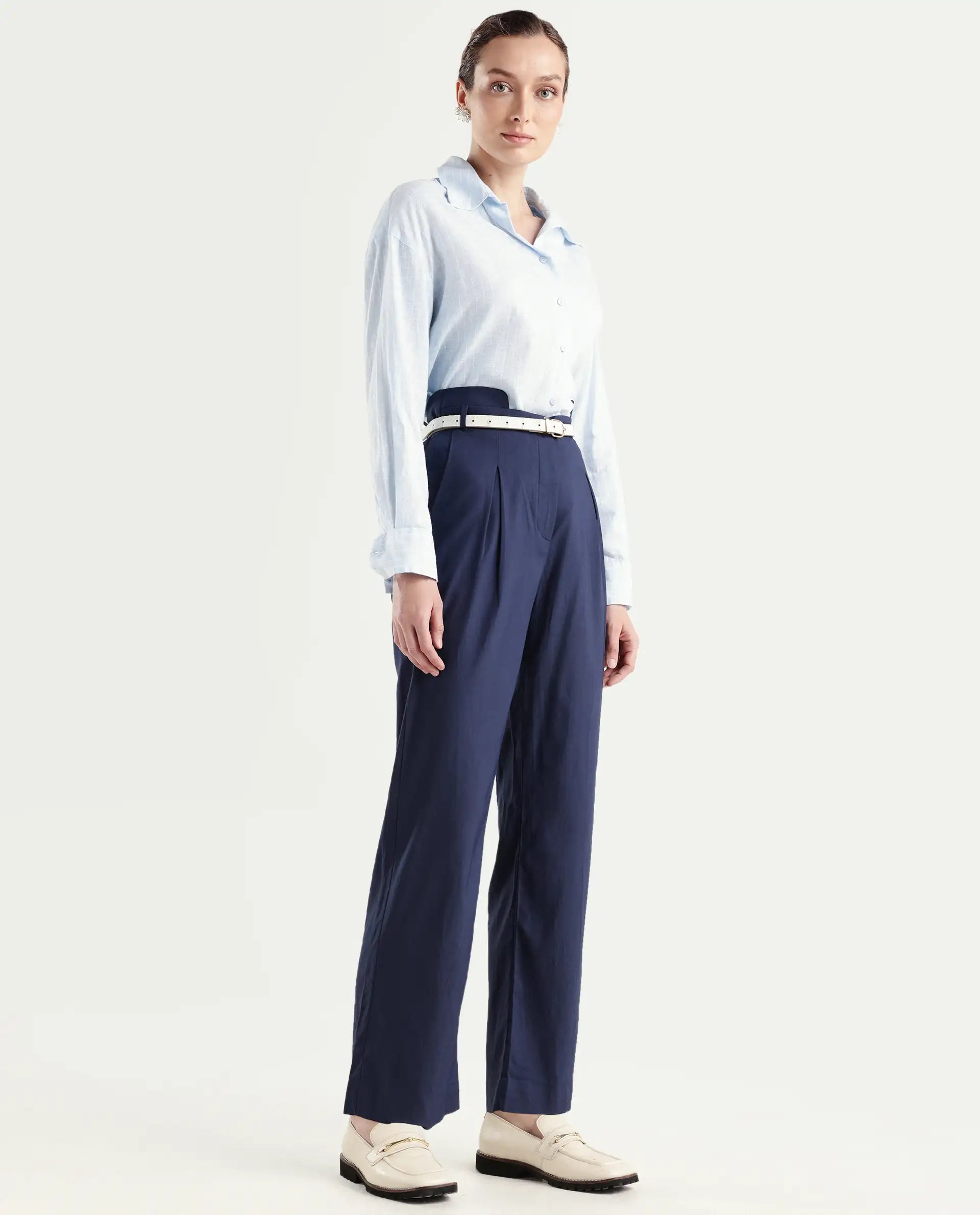 Rareism Women's Evanova Navy Polyester Blend Plain Ankle Length Regular Fit Trouser