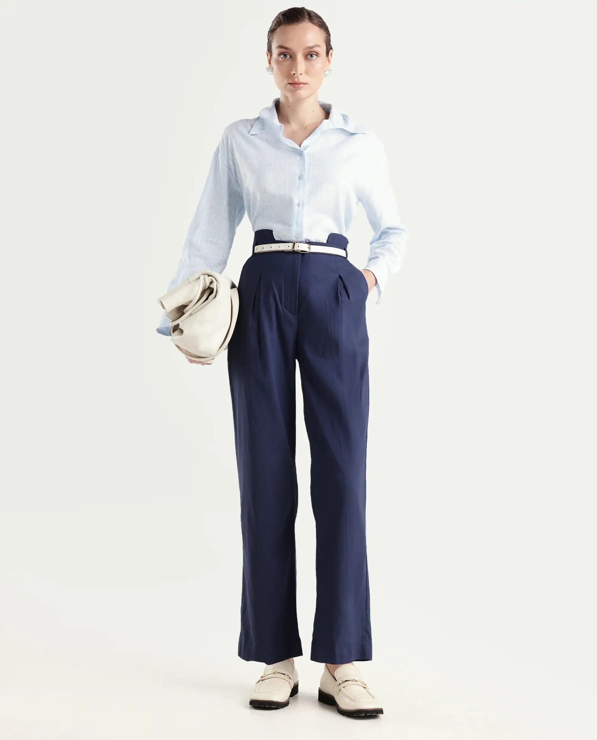 Rareism Women's Evanova Navy Polyester Blend Plain Ankle Length Regular Fit Trouser