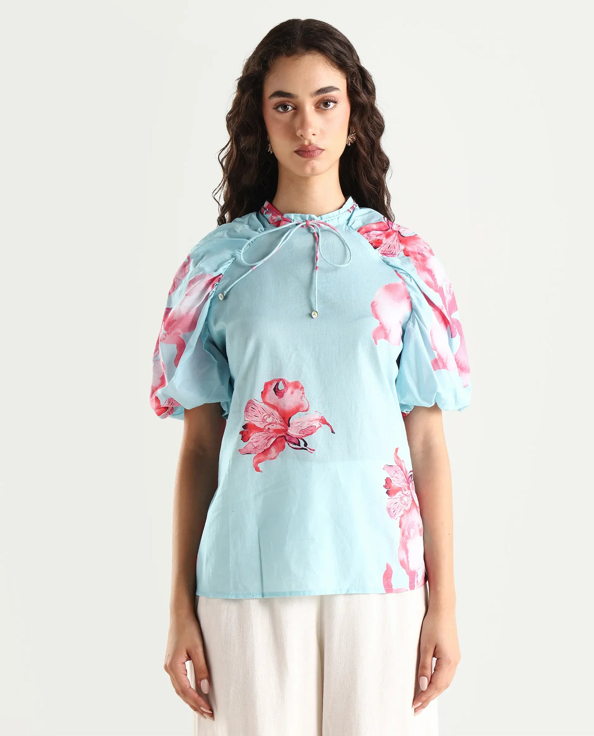 Rareism Women's Kink Blue Polyester Blend Tie-Up Neck Floral Print Puff Sleeves Relaxed Fit Top