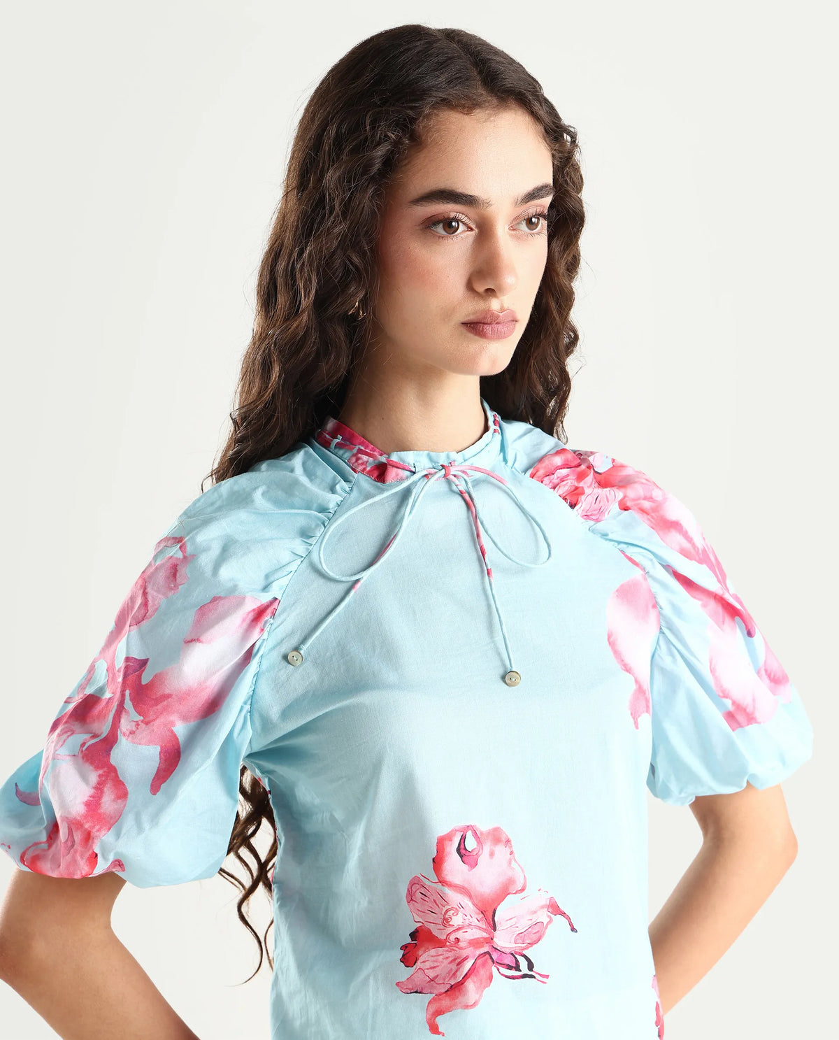 Rareism Women's Kink Blue Polyester Blend Tie-Up Neck Floral Print Puff Sleeves Relaxed Fit Top