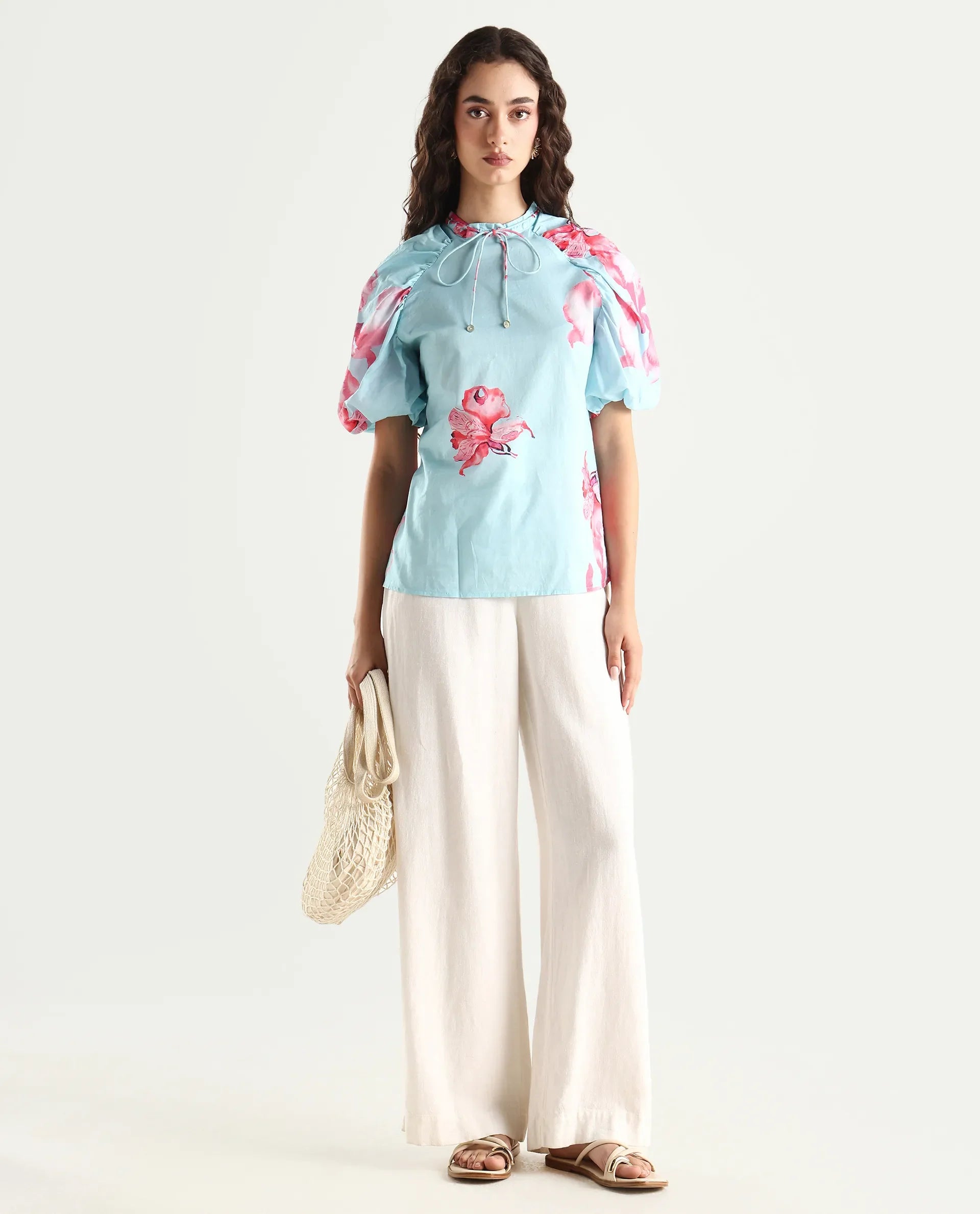 Rareism Women's Kink Blue Cotton Tie-Up Neck Floral Print Puff Sleeves Relaxed Fit Top