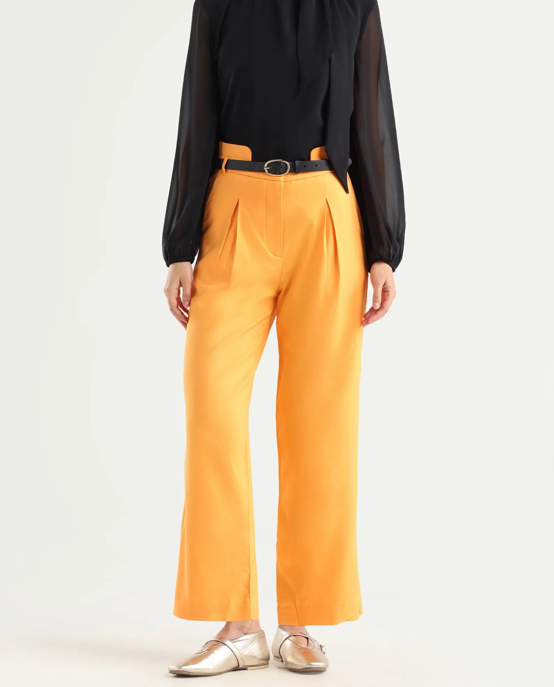 Rareism Women's Evanova Mustard Viscose Plain Ankle Length Regular Fit Trouser