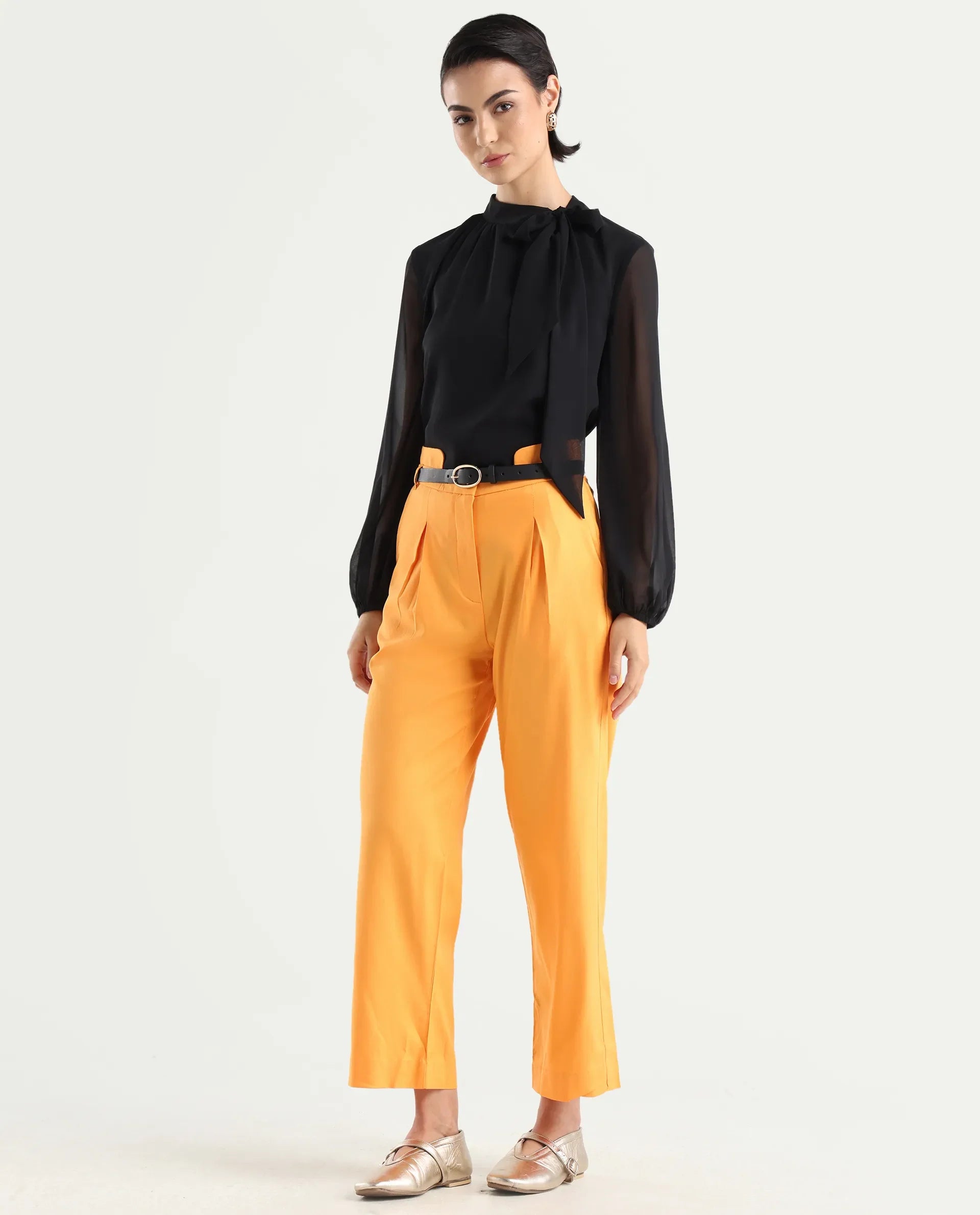 Rareism Women's Evanova Mustard Viscose Plain Ankle Length Regular Fit Trouser