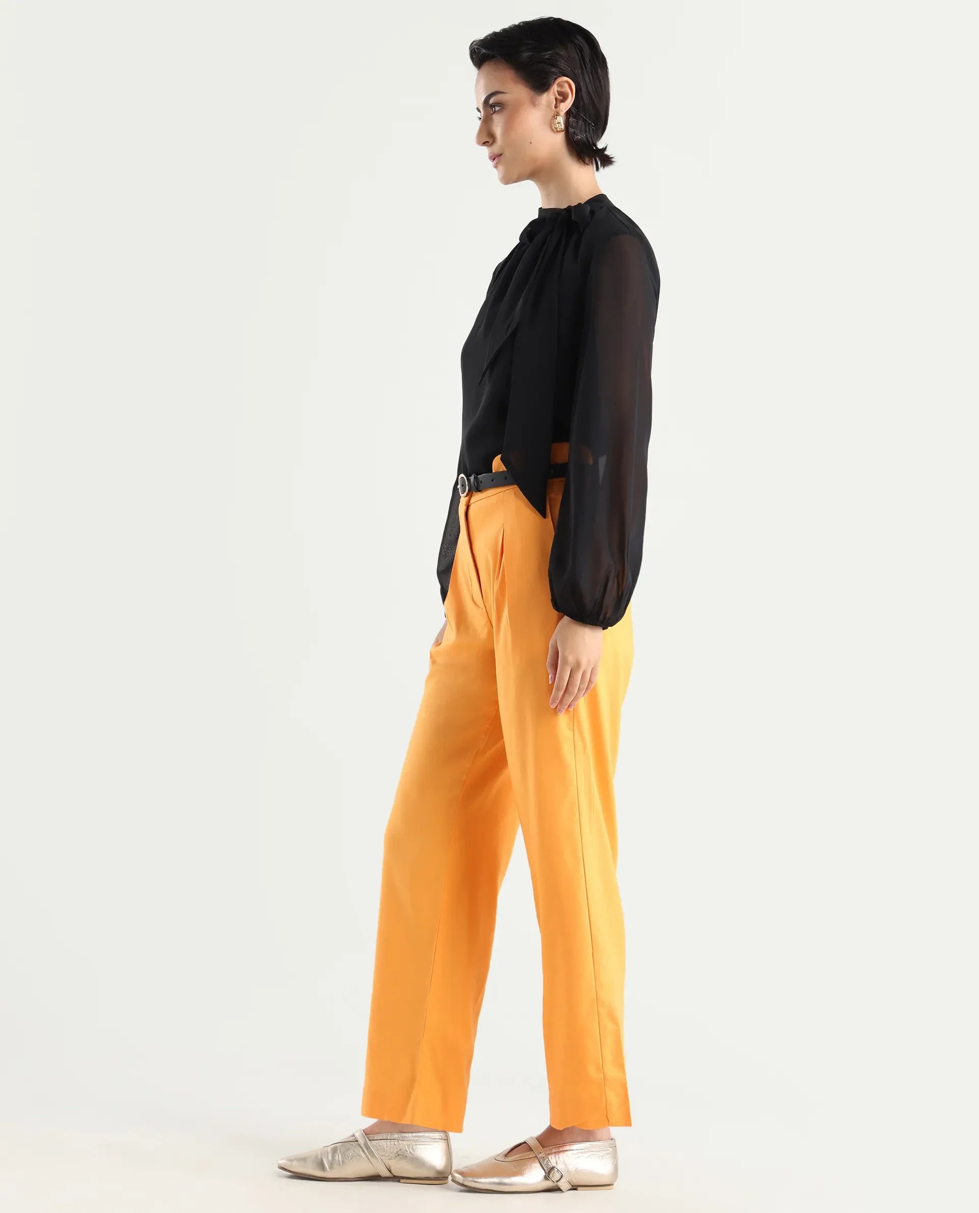 Rareism Women's Evanova Mustard Polyester Blend Plain Ankle Length Regular Fit Trouser