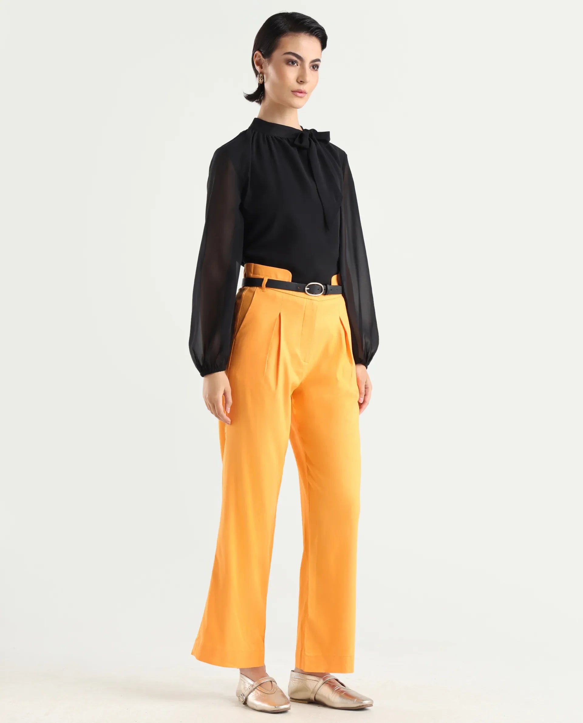 Rareism Women's Evanova Mustard Viscose Plain Ankle Length Regular Fit Trouser