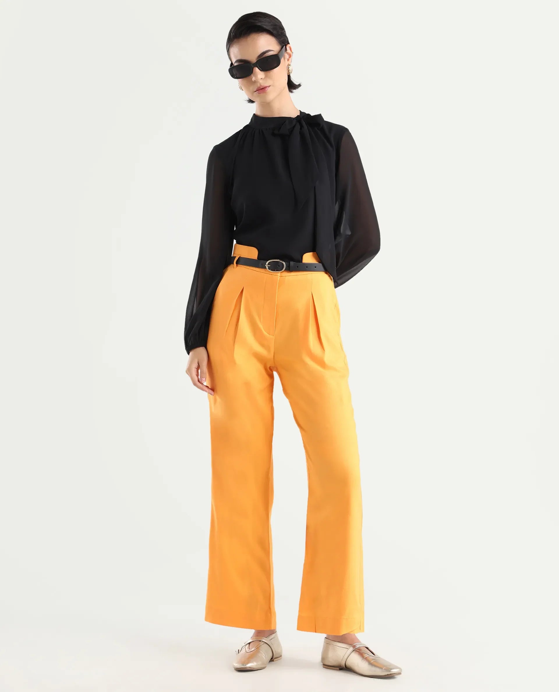 Rareism Women's Evanova Mustard Viscose Plain Ankle Length Regular Fit Trouser