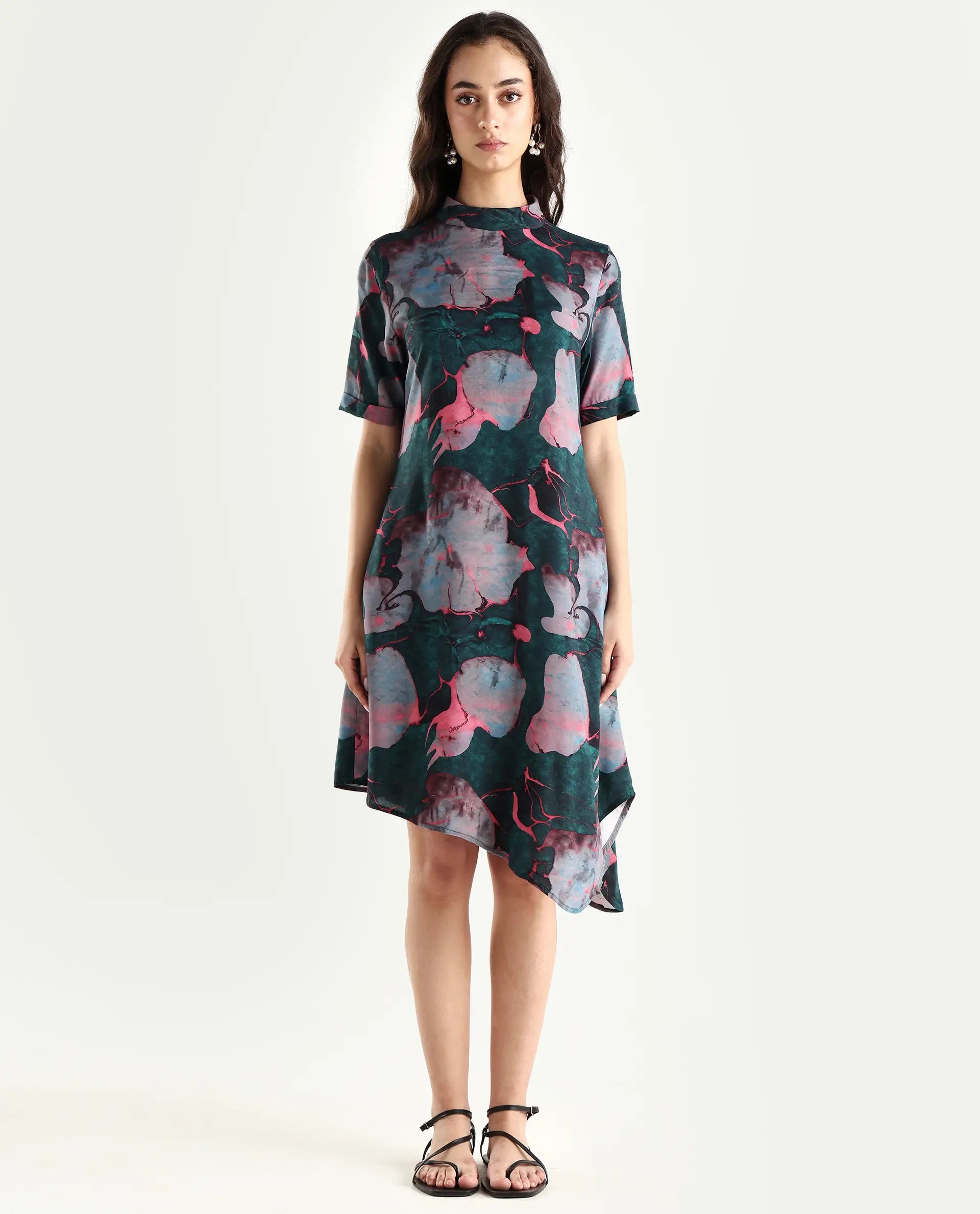 Rareism Women's Calantha Multi Viscose High Neck Floral Print Knee Length Regular Fit Dress