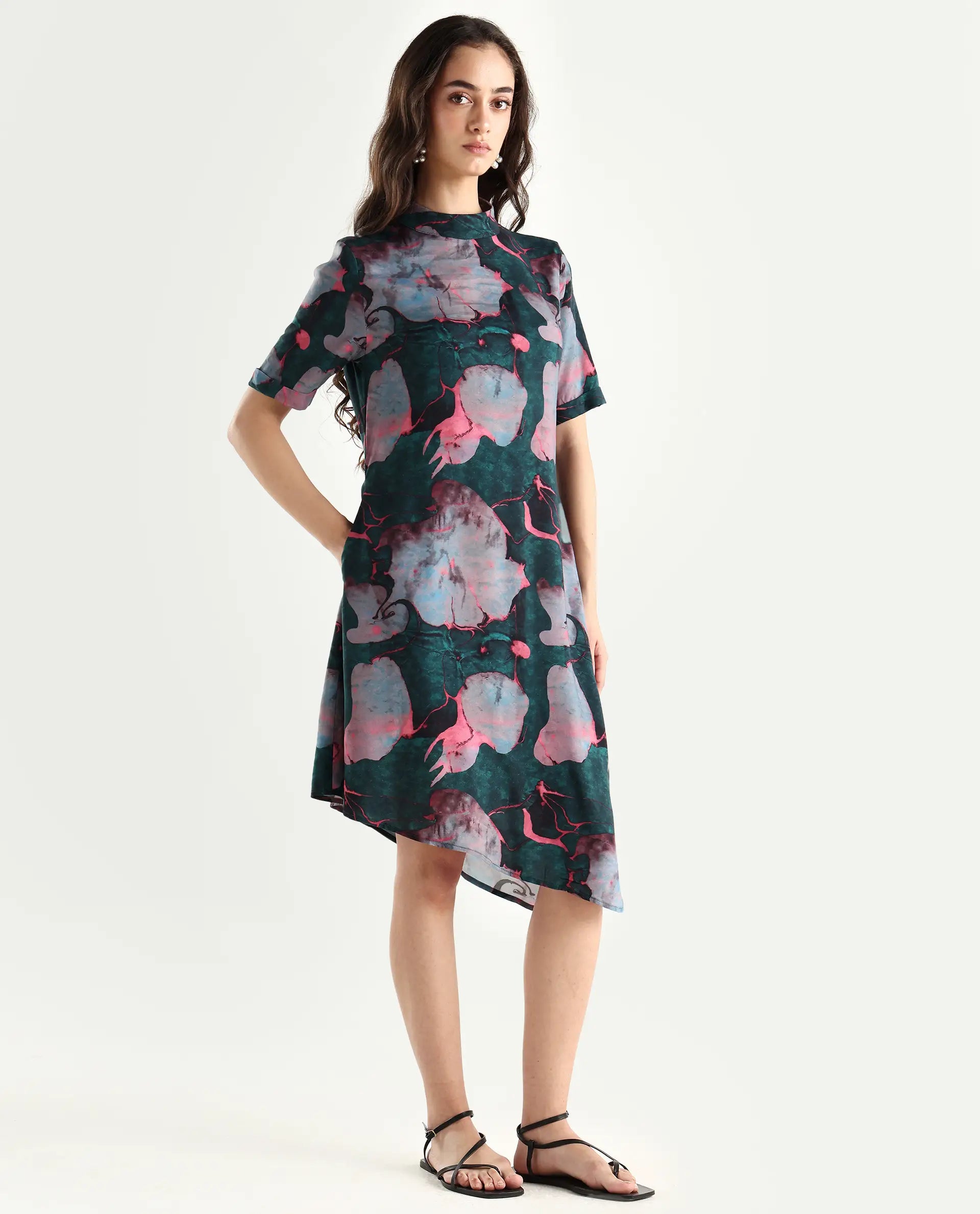 Rareism Women's Calantha Multi Viscose High Neck Floral Print Knee Length Regular Fit Dress