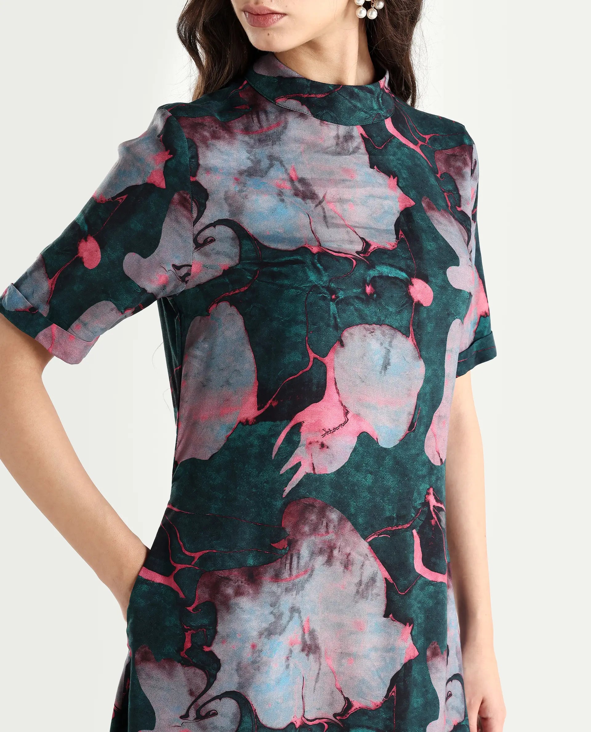 Rareism Women's Calantha Multi Viscose High Neck Floral Print Knee Length Regular Fit Dress