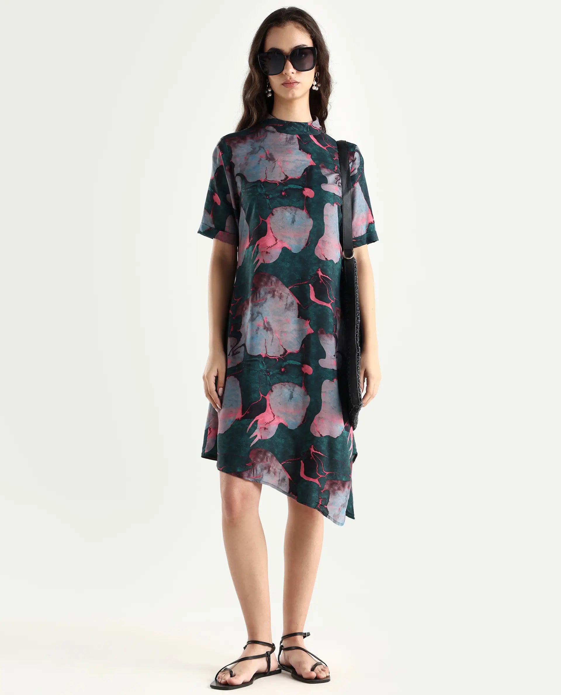Rareism Women's Calantha Multi Viscose High Neck Floral Print Knee Length Regular Fit Dress