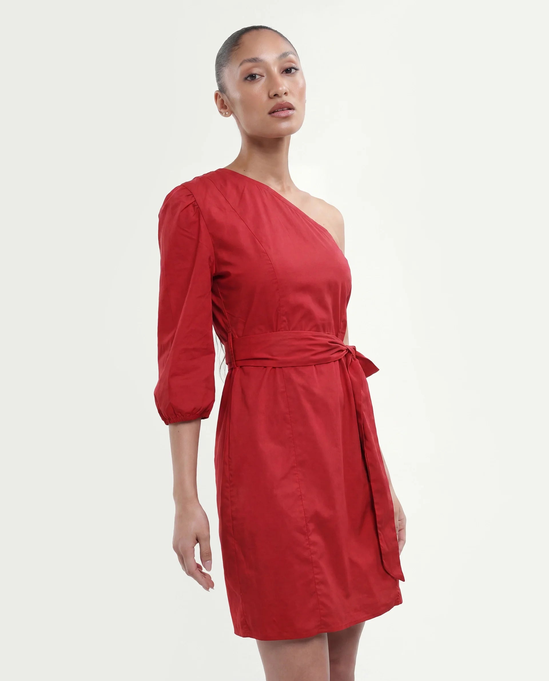 Rareism Women's Floris Red Polyester Blend One Shoulder Plain Puff Sleeves Knee Length Slim Fit Dress