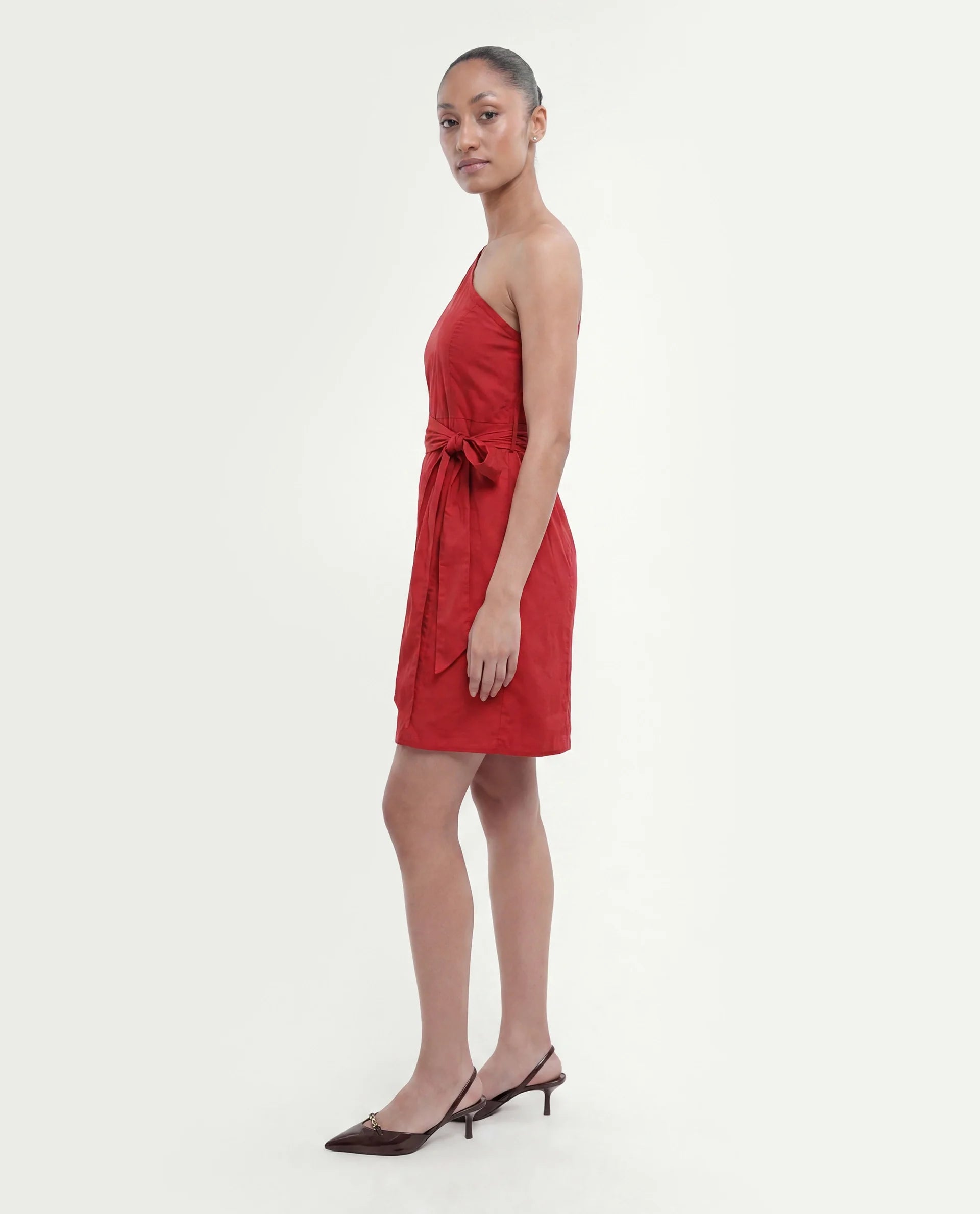 Rareism Women's Floris Red Polyester Blend One Shoulder Plain Puff Sleeves Knee Length Slim Fit Dress