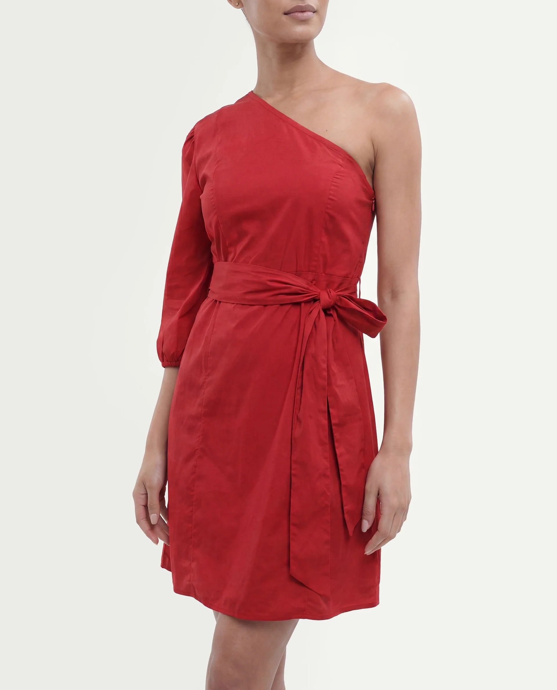 Rareism Women's Floris Red Polyester Blend One Shoulder Plain Puff Sleeves Knee Length Slim Fit Dress