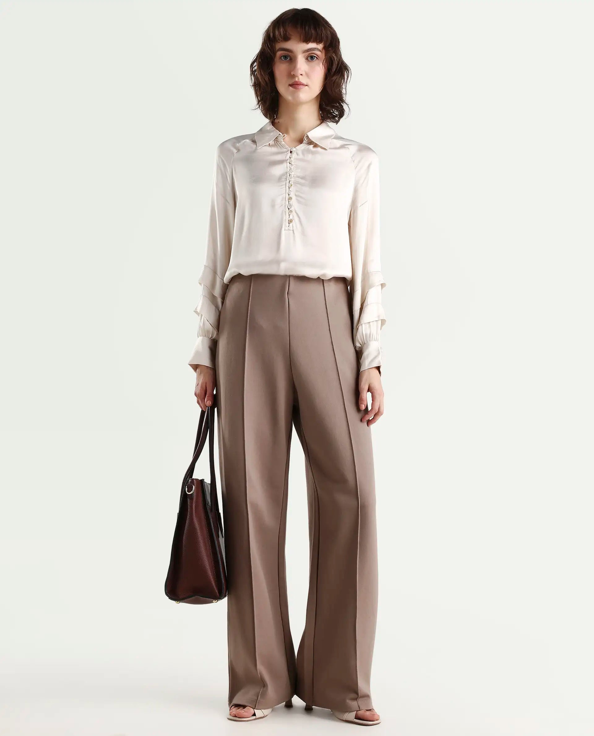 Rareism Women's Renee Beige Viscose Spread Collar Plain Bishop Sleeve Relaxed Fit Top