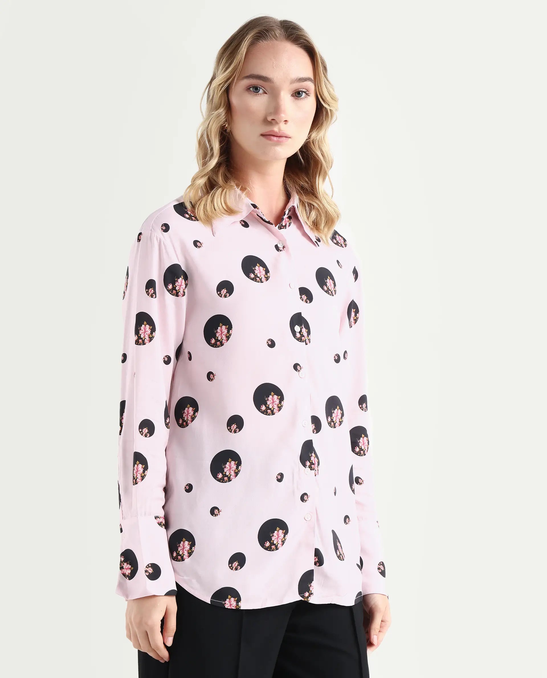 Rareism Women's Lumber Pink Polyester Spread Collar Floral Print Regular Fit Top