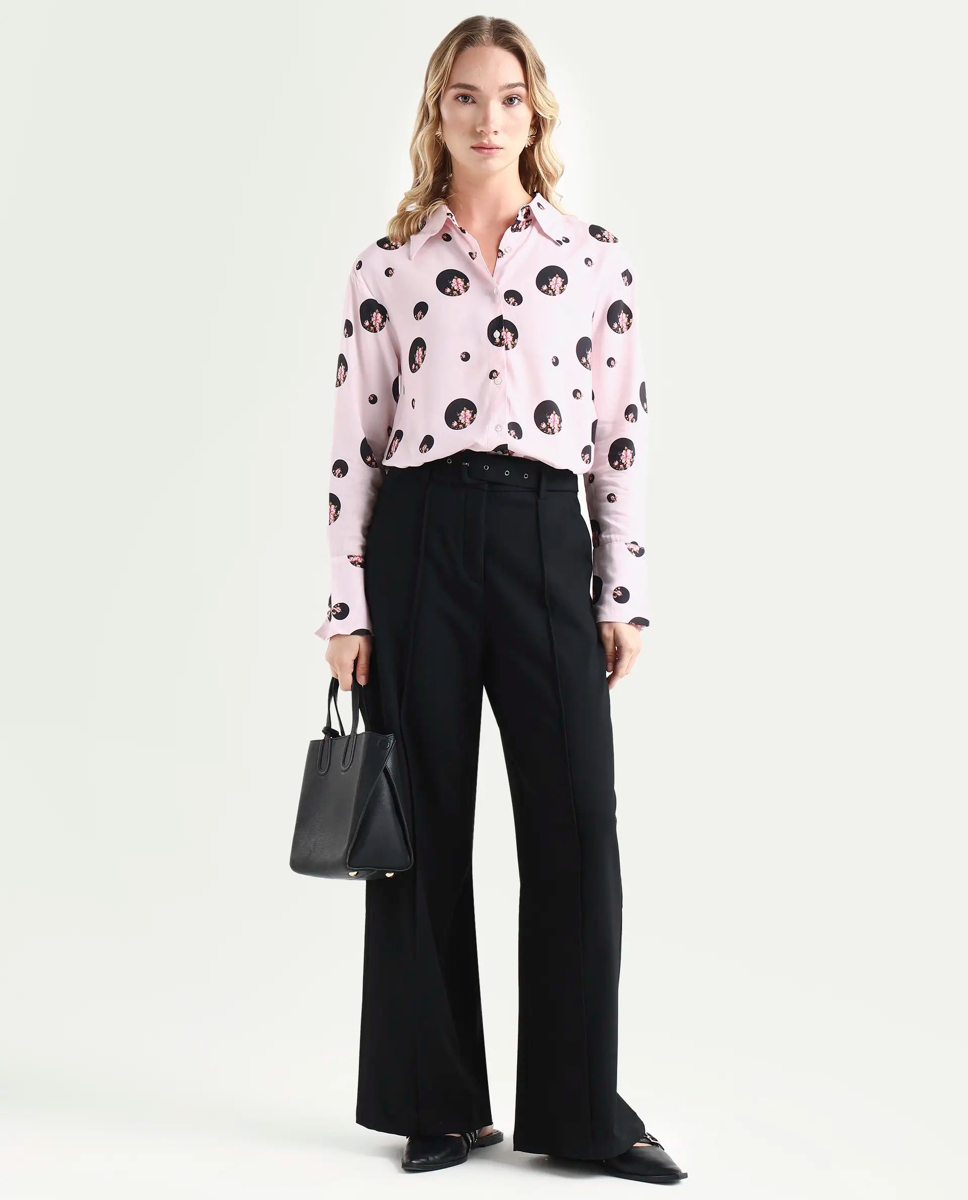 Rareism Women's Lumber Pink Polyester Spread Collar Floral Print Regular Fit Top