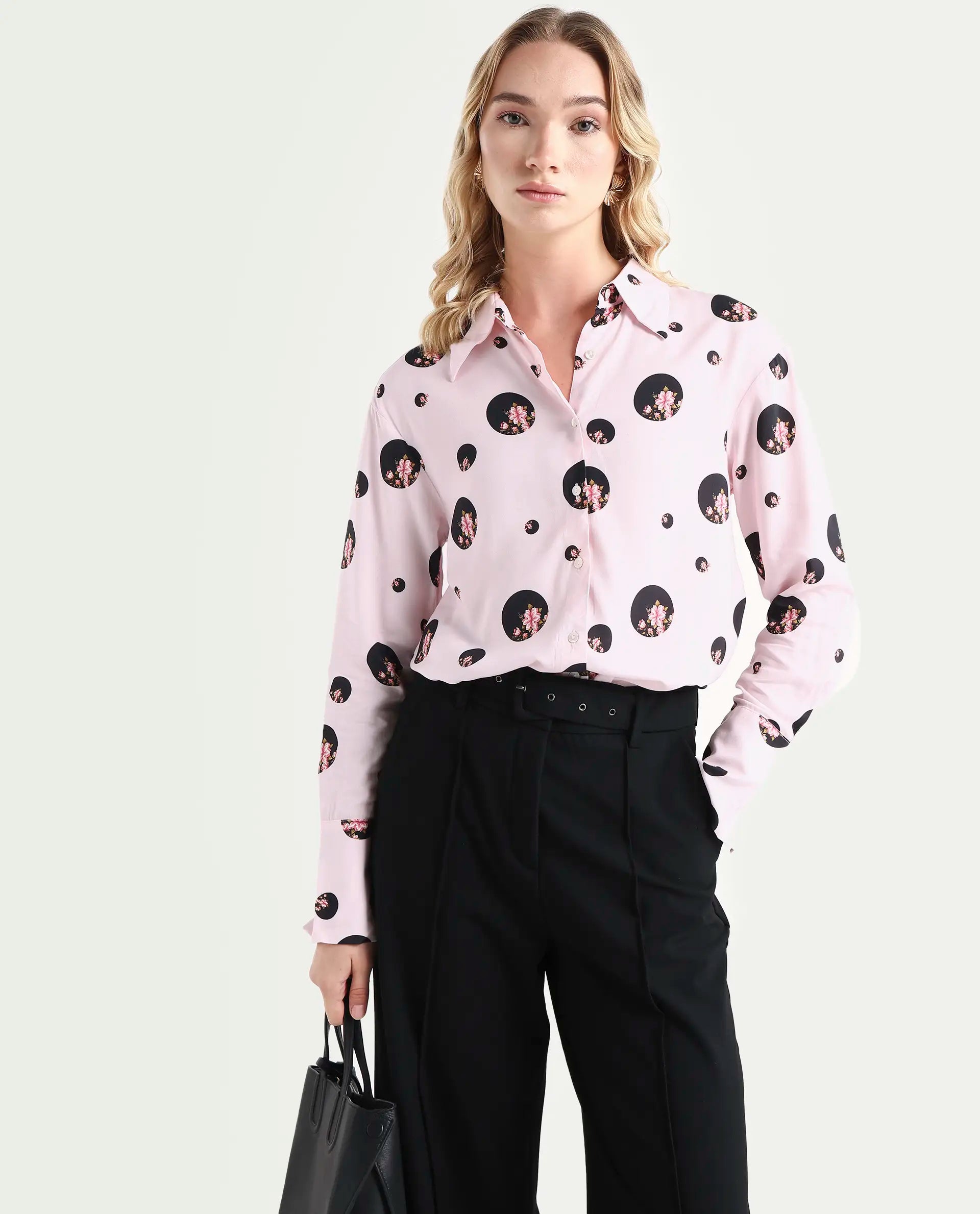Rareism Women's Lumber Pink Polyester Spread Collar Floral Print Regular Fit Top