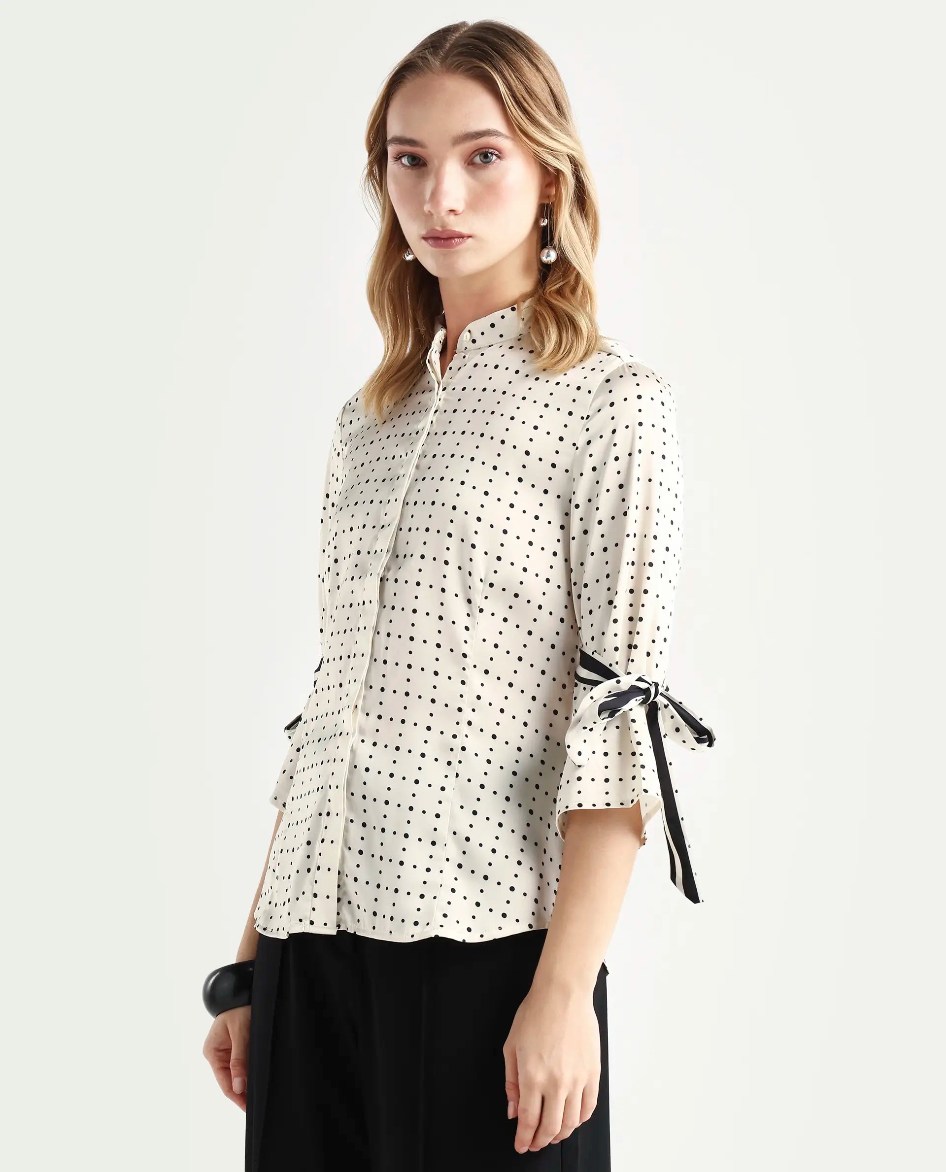 Rareism Women's Zanax Beige Polyester Mandarin Collar Polka Print Regular Fit Top