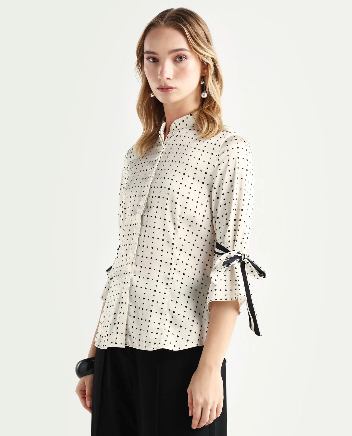 Rareism Women's Zanax Beige Polyester Mandarin Collar Polka Print Regular Fit Top