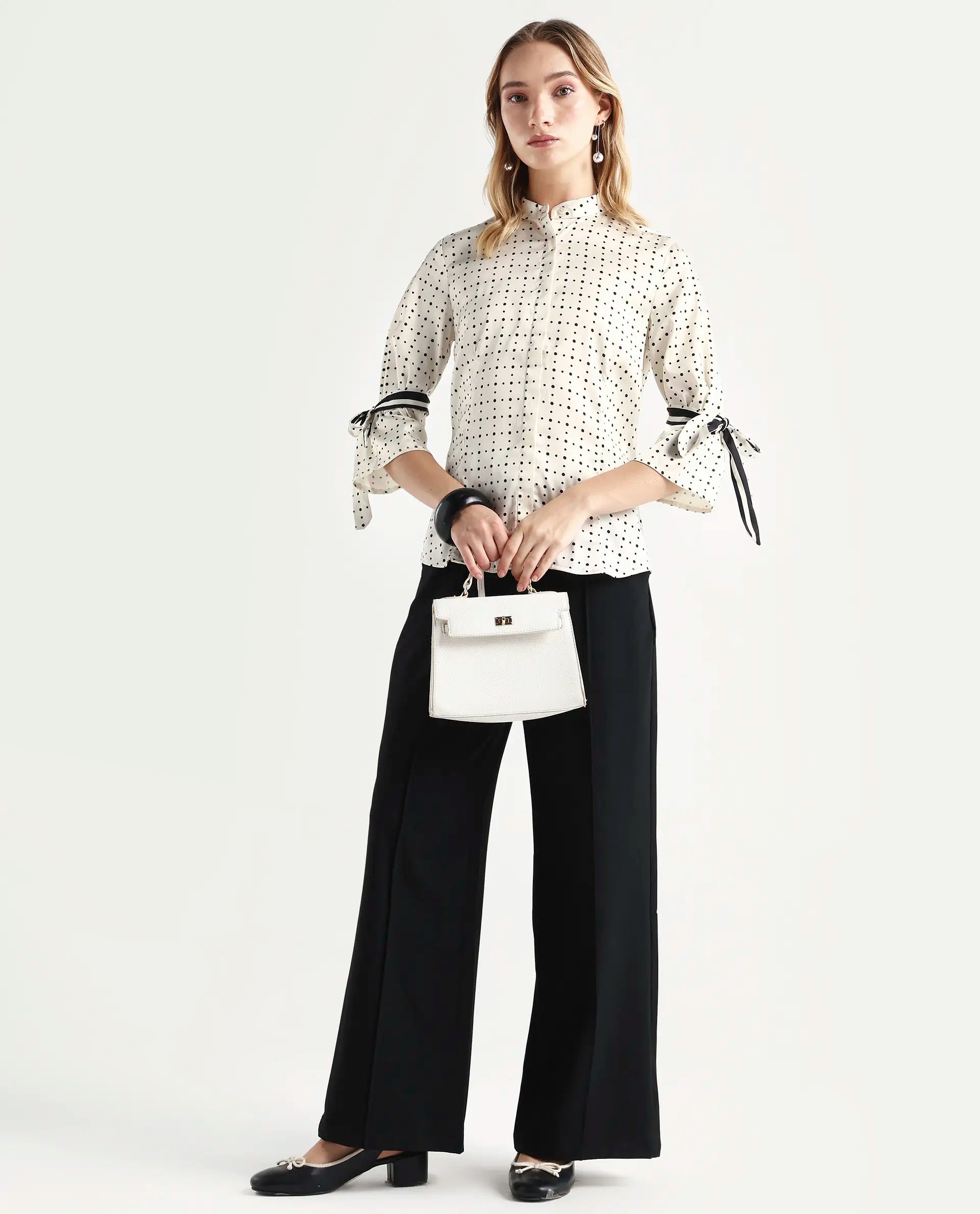 Rareism Women's Zanax Beige Polyester Mandarin Collar Polka Print Regular Fit Top