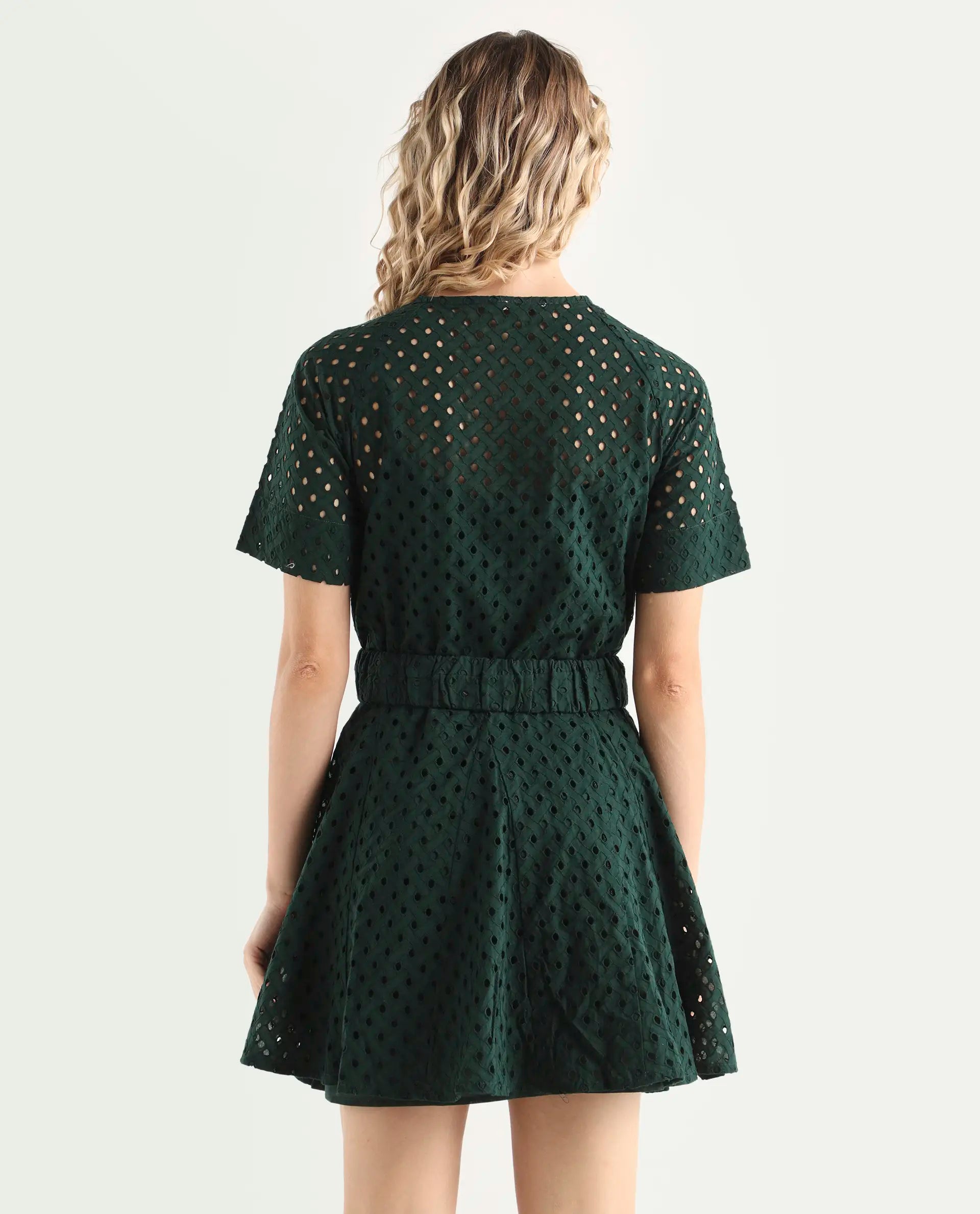 Rareism Women's Bex Green Cotton Tie-Up Neck Schiffli Knee Length Regular Fit Dress