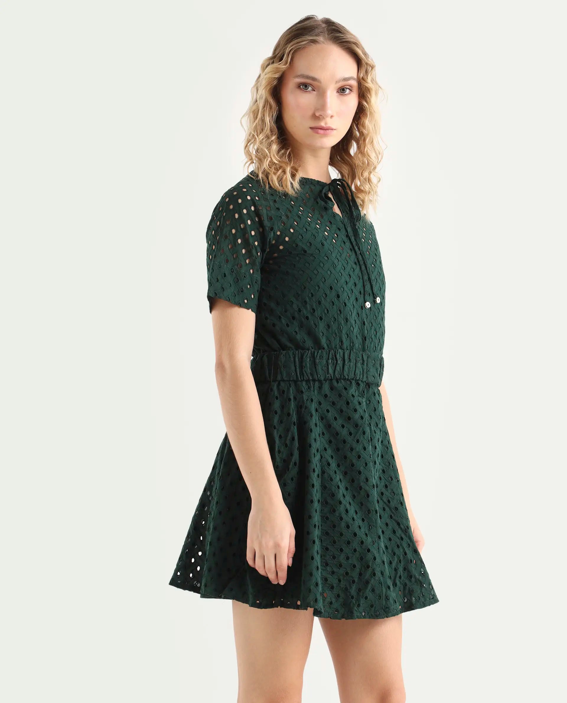 Rareism Women's Bex Green Cotton Tie-Up Neck Schiffli Knee Length Regular Fit Dress
