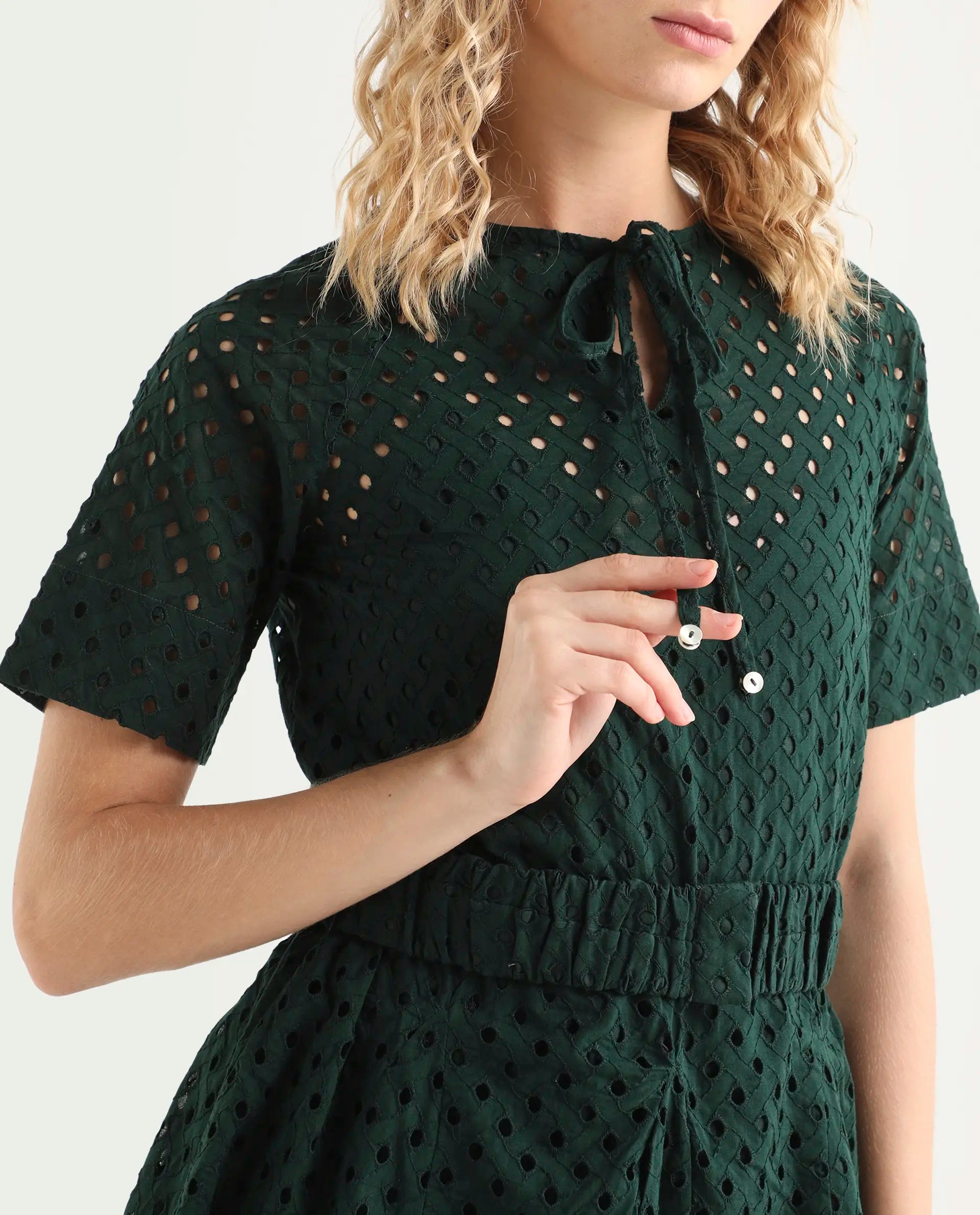 Rareism Women's Bex Green Cotton Tie-Up Neck Schiffli Knee Length Regular Fit Dress