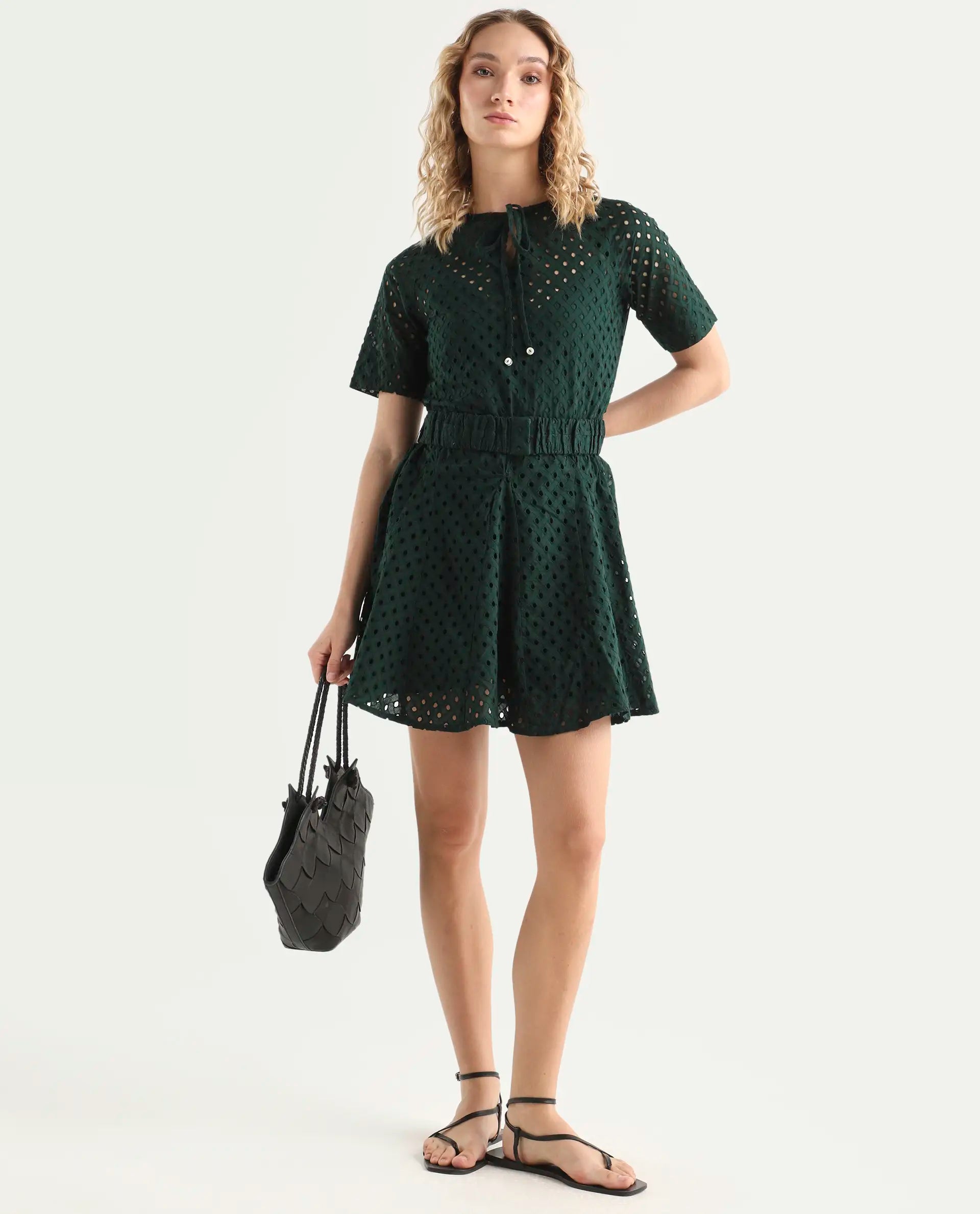 Rareism Women's Bex Green Cotton Tie-Up Neck Schiffli Knee Length Regular Fit Dress
