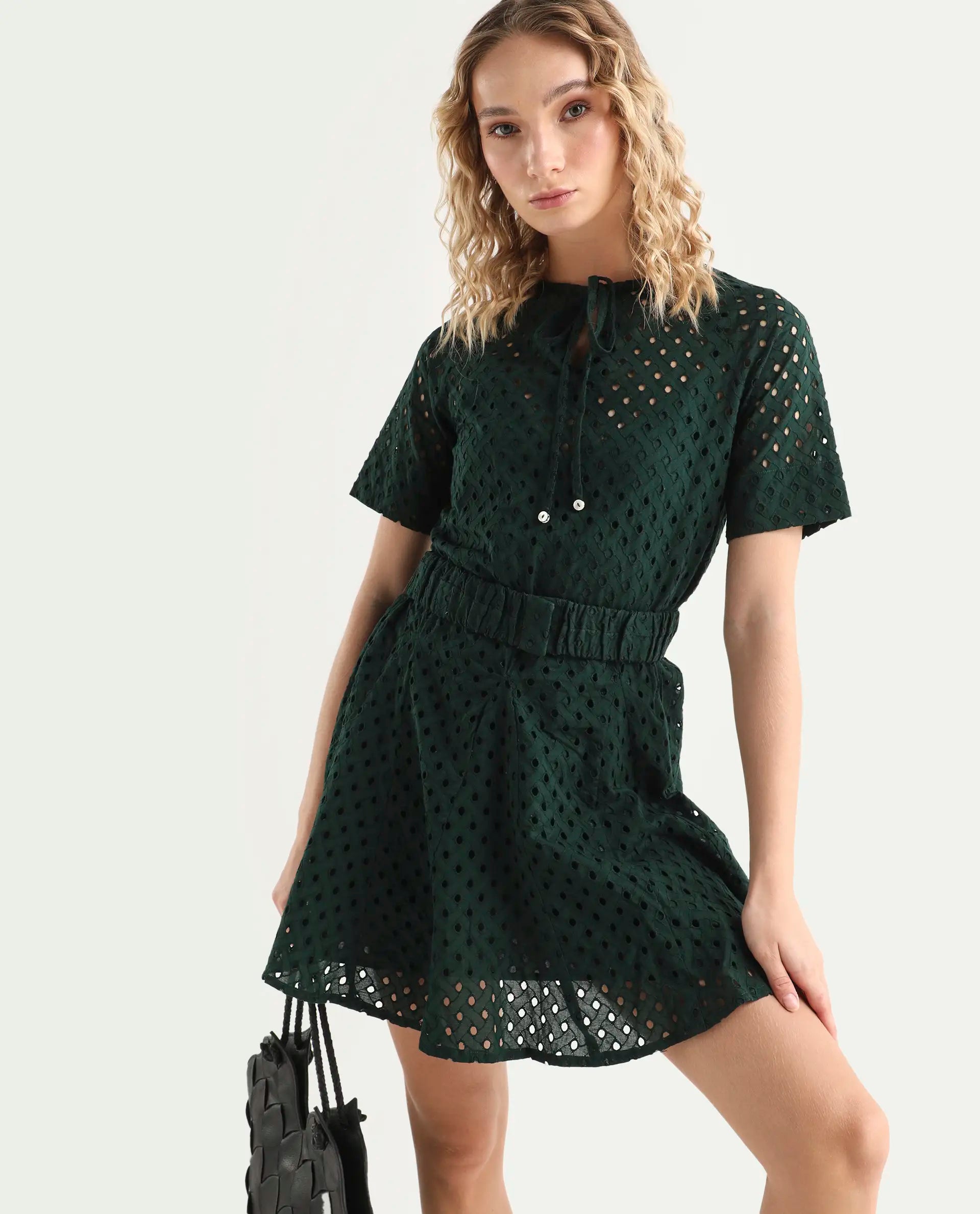 Rareism Women's Bex Green Cotton Tie-Up Neck Schiffli Knee Length Regular Fit Dress