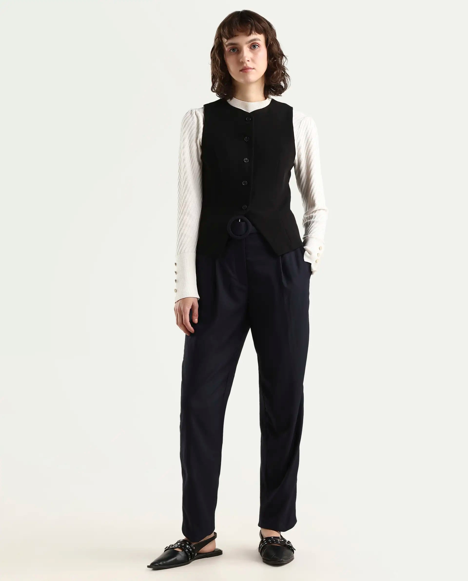 Rareism Women's Rachel Black Polyester Blend Plain Ankle Length Tailored Trouser