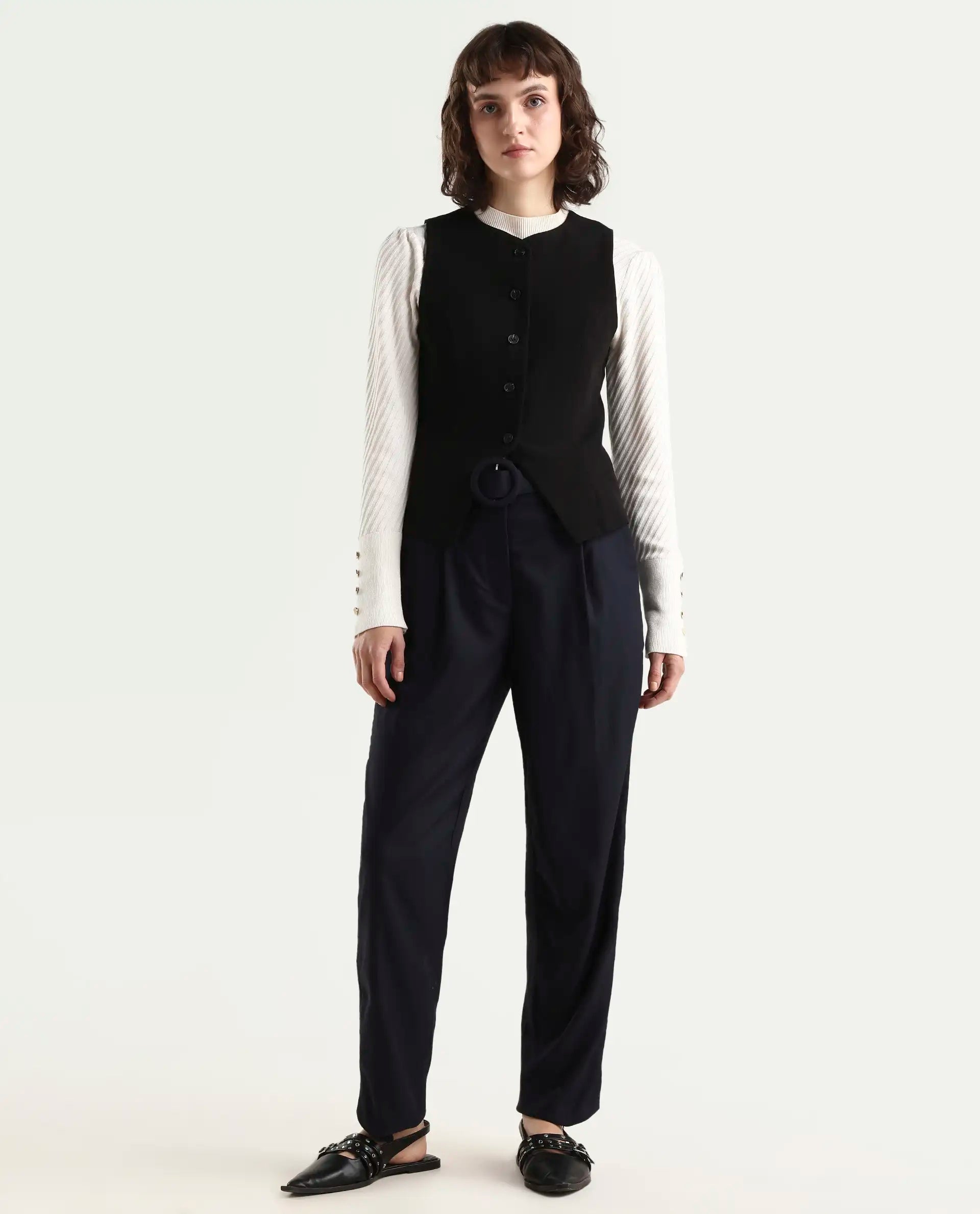 Rareism Women's Rachel Black Polyester Blend Plain Ankle Length Tailored Trouser