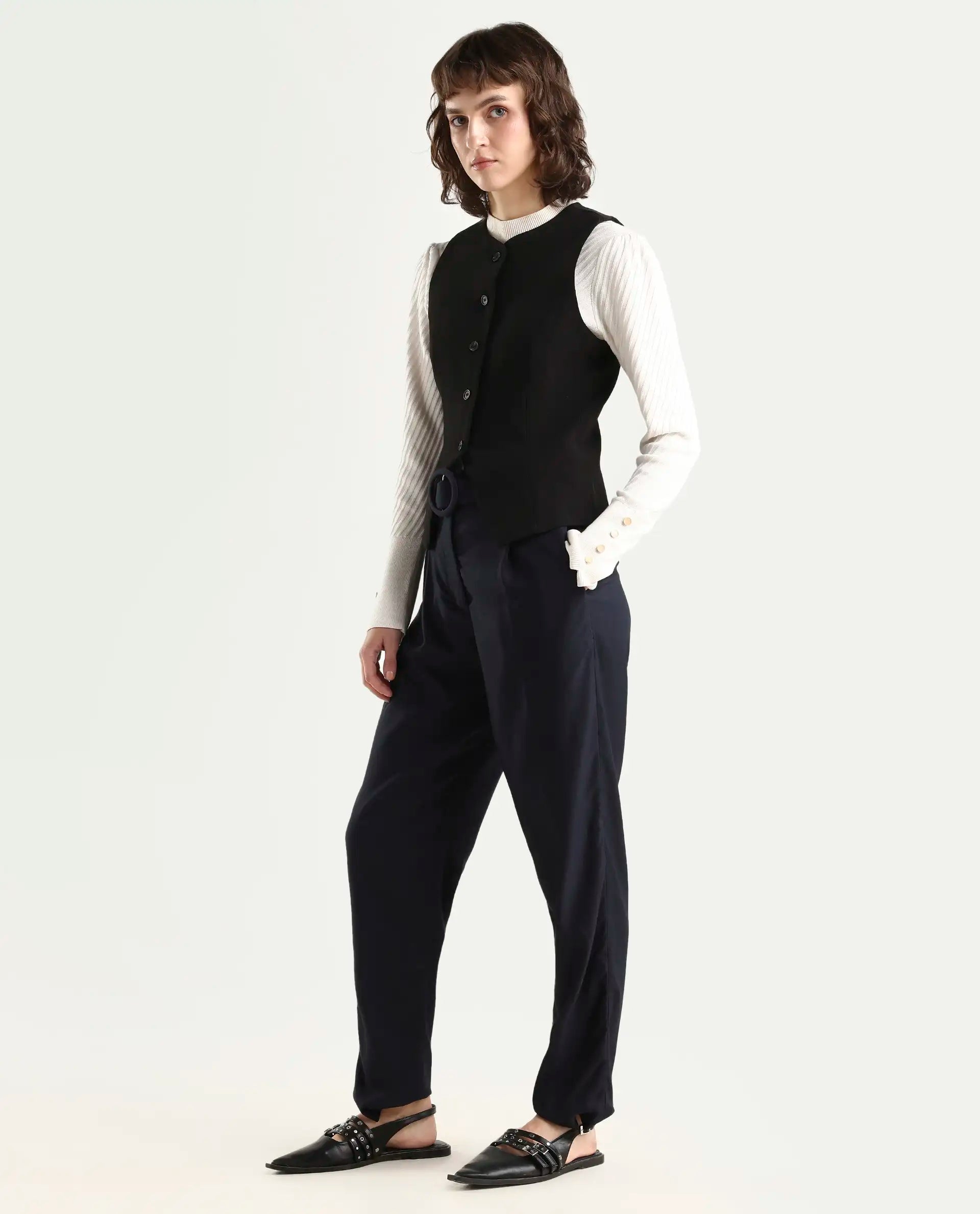 Rareism Women's Rachel Black Polyester Blend Plain Ankle Length Tailored Trouser