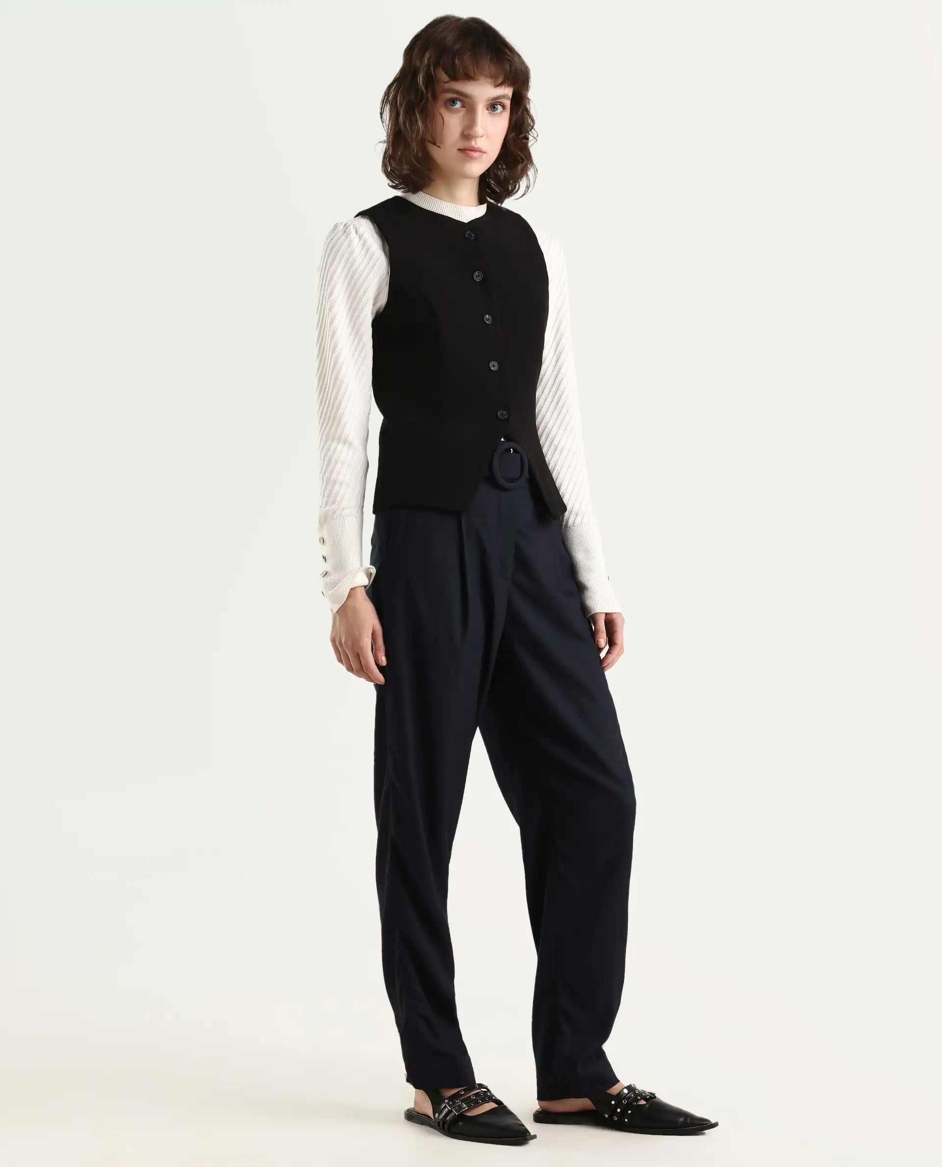 Rareism Women's Rachel Black Polyester Blend Plain Ankle Length Tailored Trouser