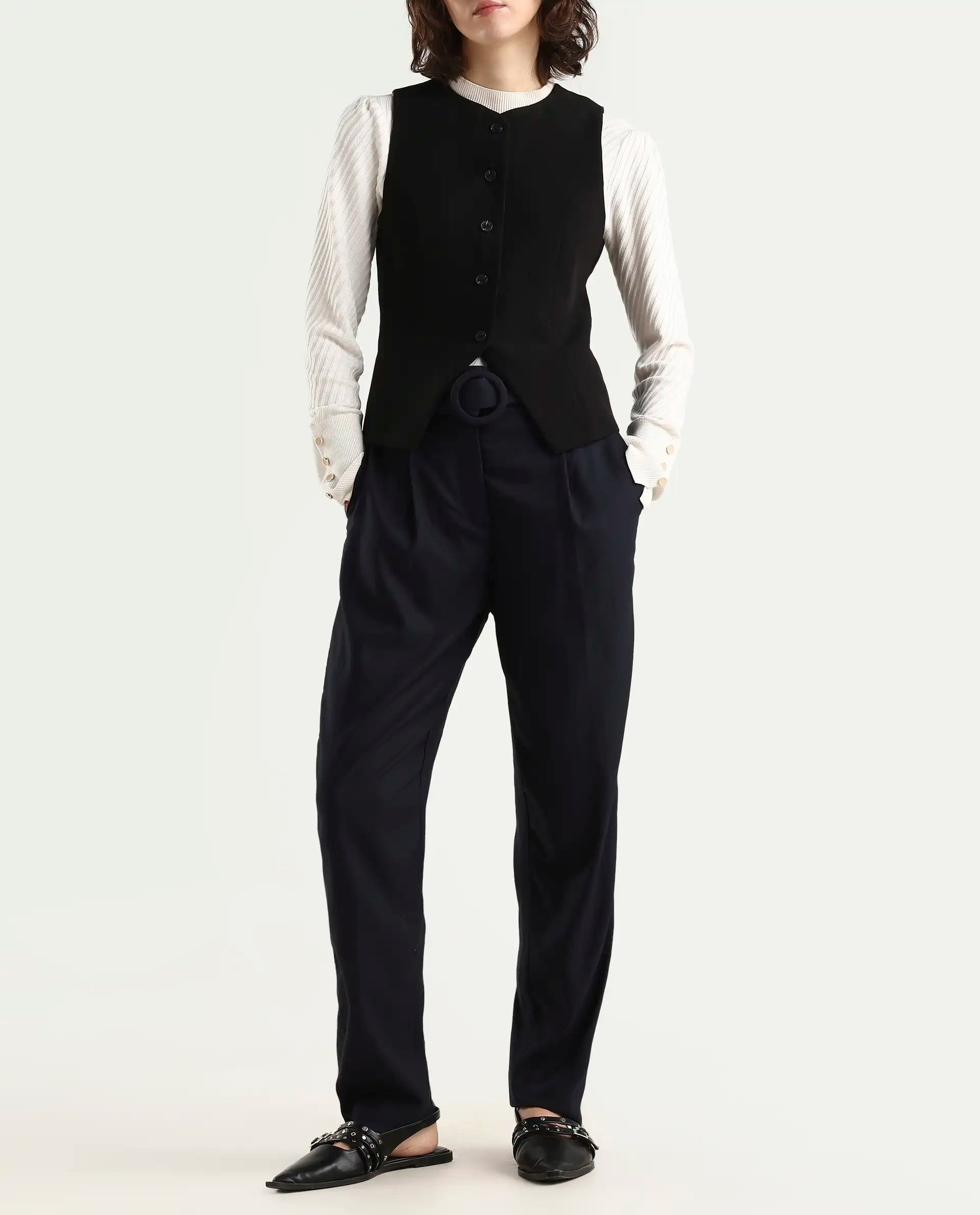 Rareism Women's Rachel Black Polyester Blend Plain Ankle Length Tailored Trouser