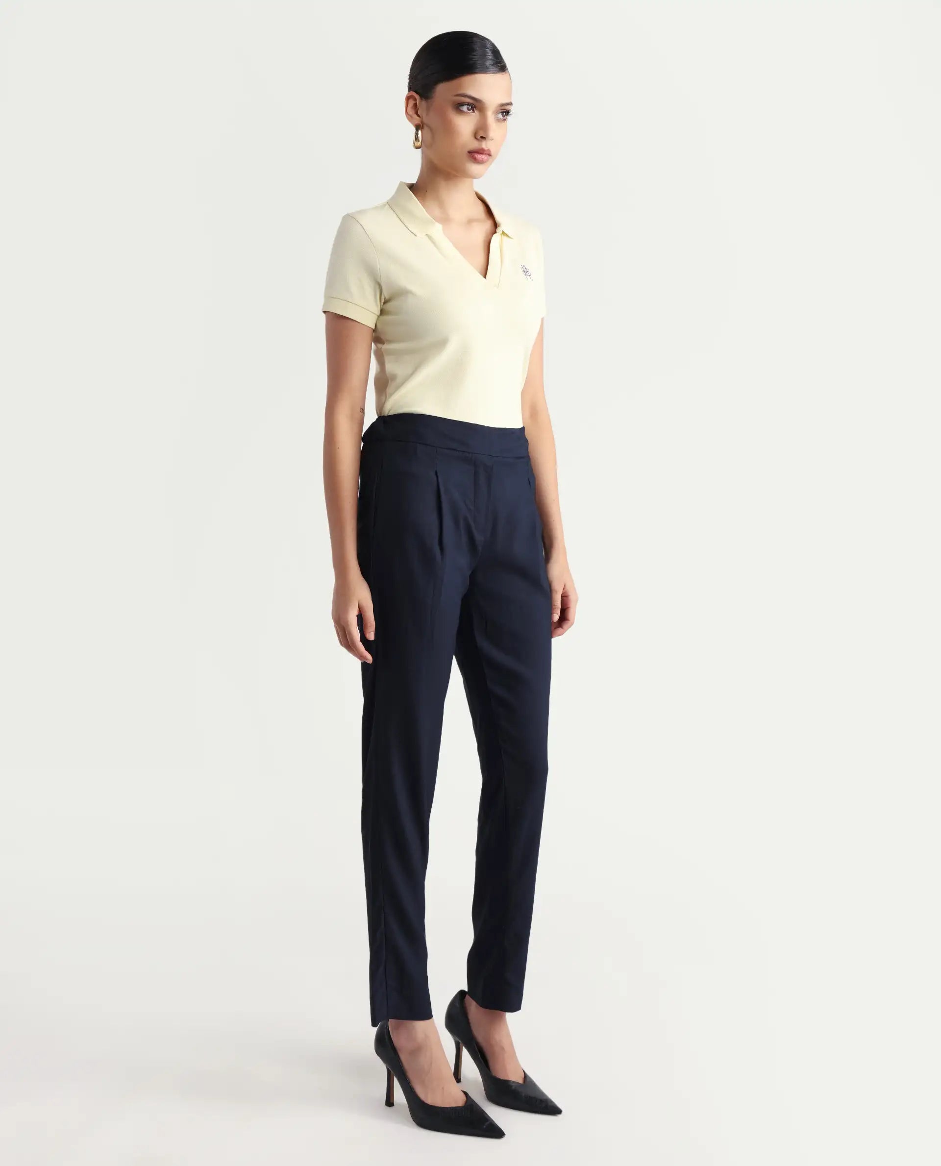 Rareism Women's Rosalia Navy Polyester Blend Plain Ankle Length Relaxed Fit Trouser