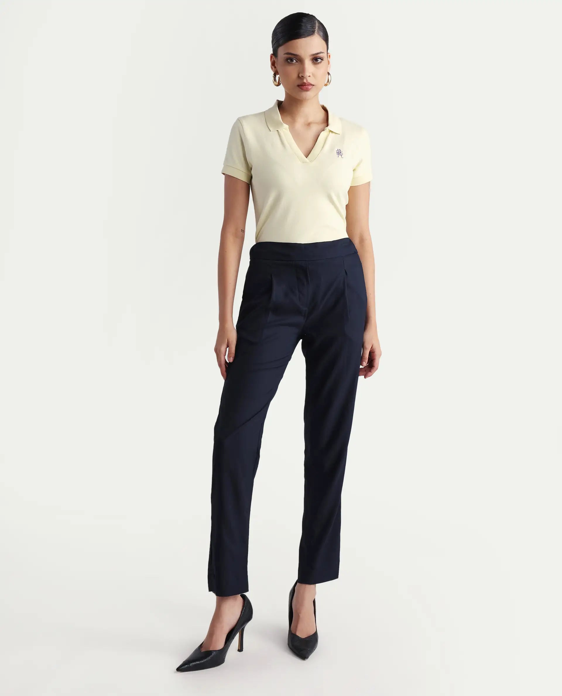 Rareism Women's Rosalia Navy Polyester Blend Plain Ankle Length Relaxed Fit Trouser