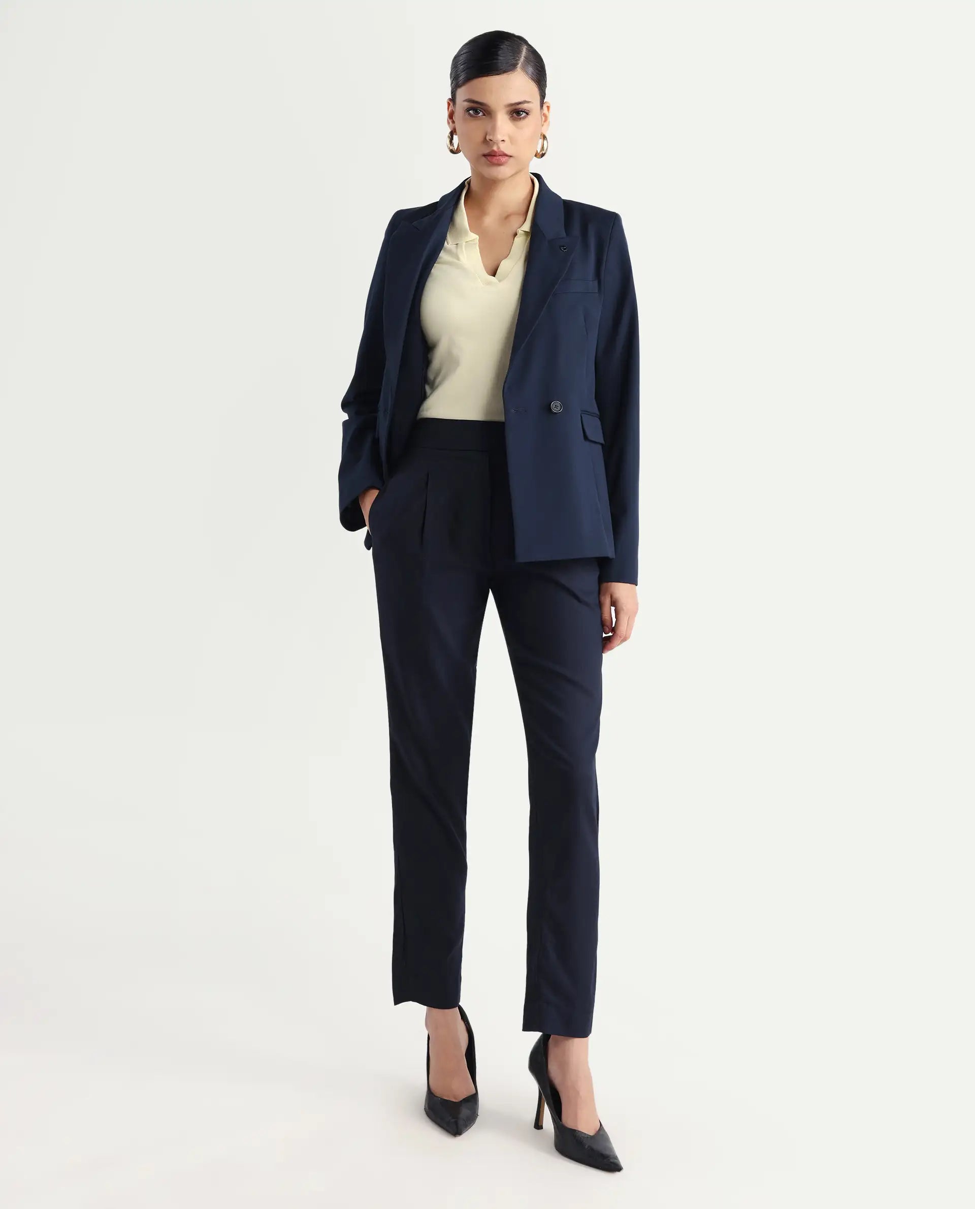 Rareism Women's Rosalia Navy Polyester Blend Plain Ankle Length Relaxed Fit Trouser