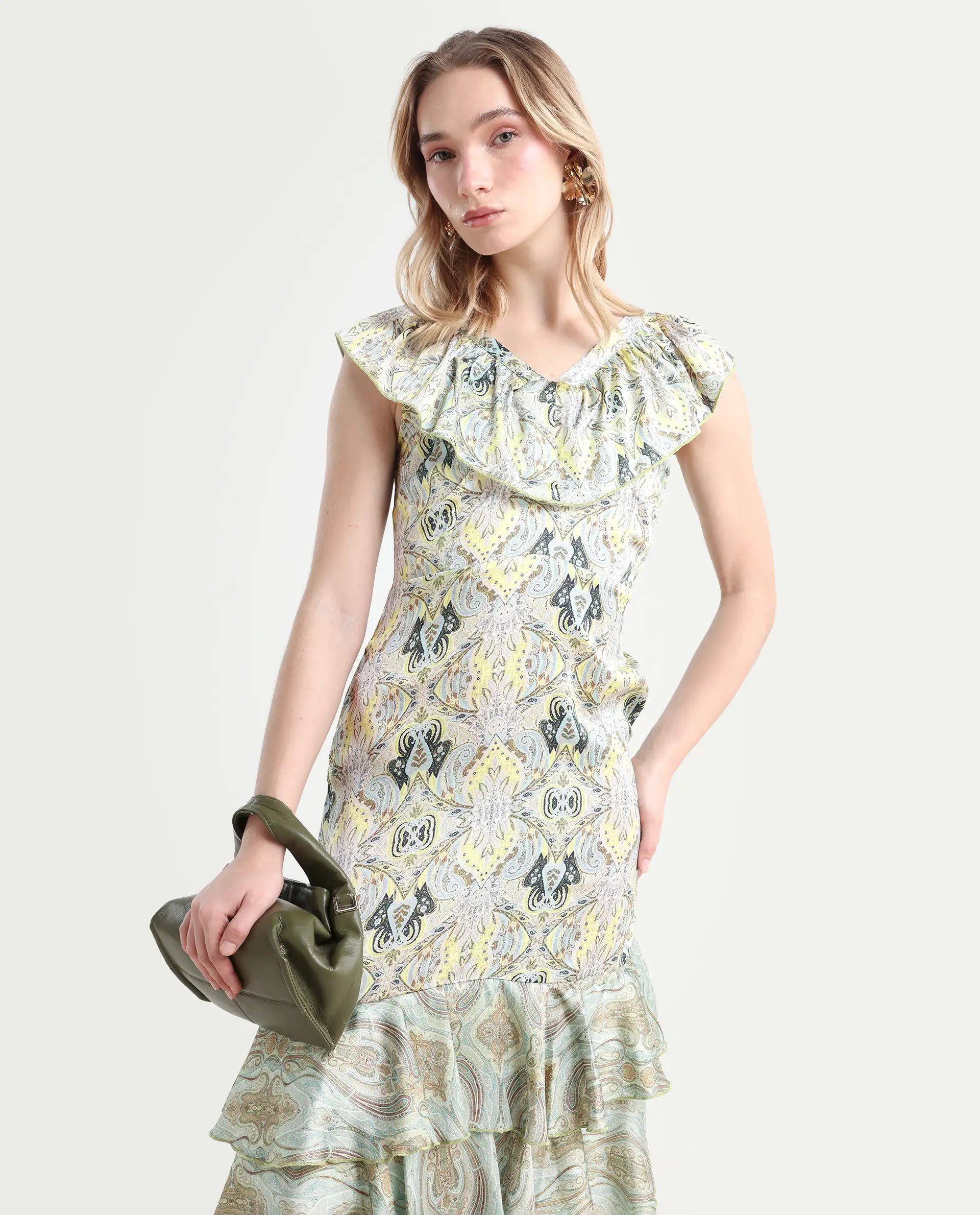 Rareism Women's Aishia Offwhite Polyester Sweetheart Neck Paisley Print Sleeveless Midi Regular Fit Dress