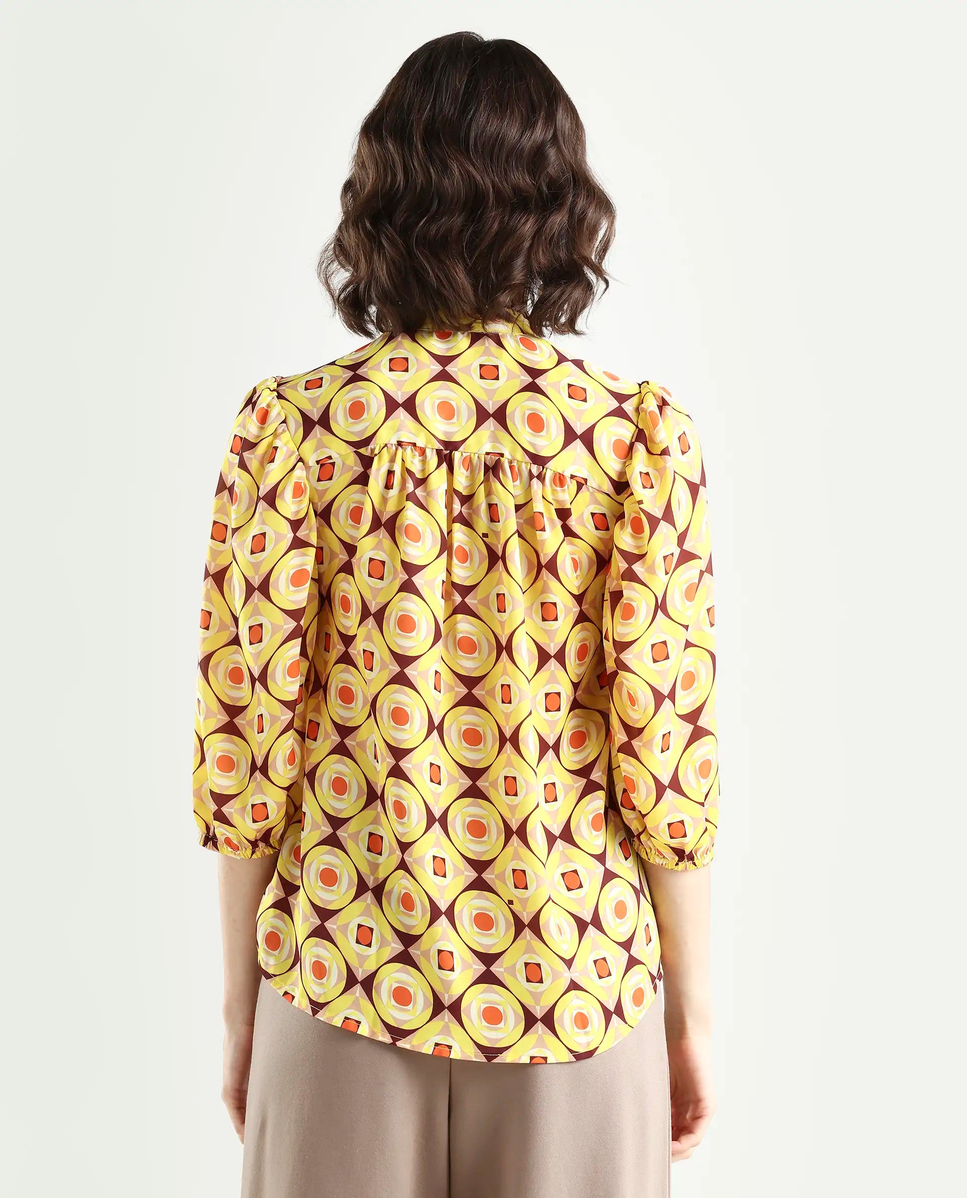 Rareism Women's Mason Yellow Polyester Mandarin Collar Geometric Print Balloon Sleeve Regular Fit Top