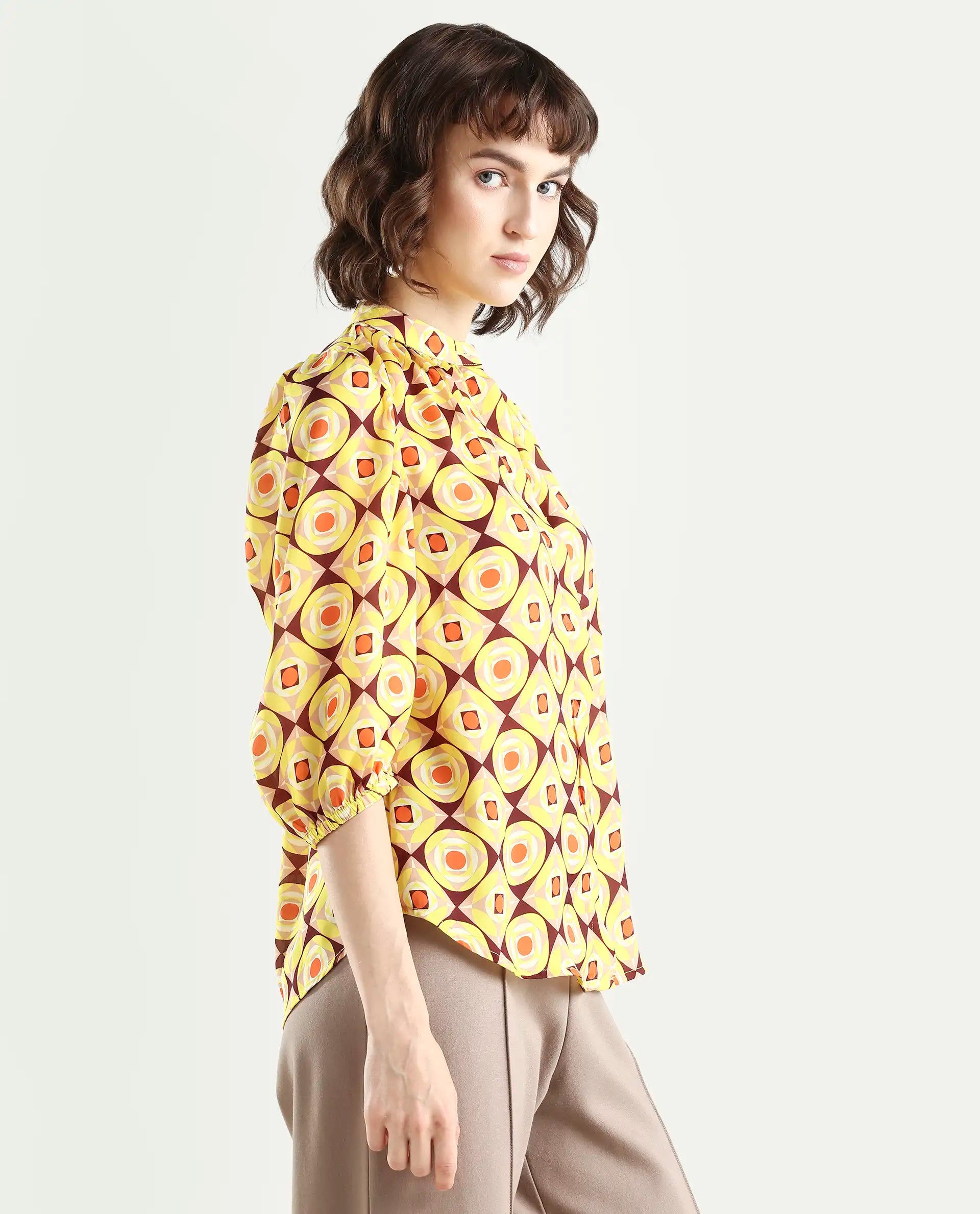 Rareism Women's Mason Yellow Polyester Mandarin Collar Geometric Print Balloon Sleeve Regular Fit Top