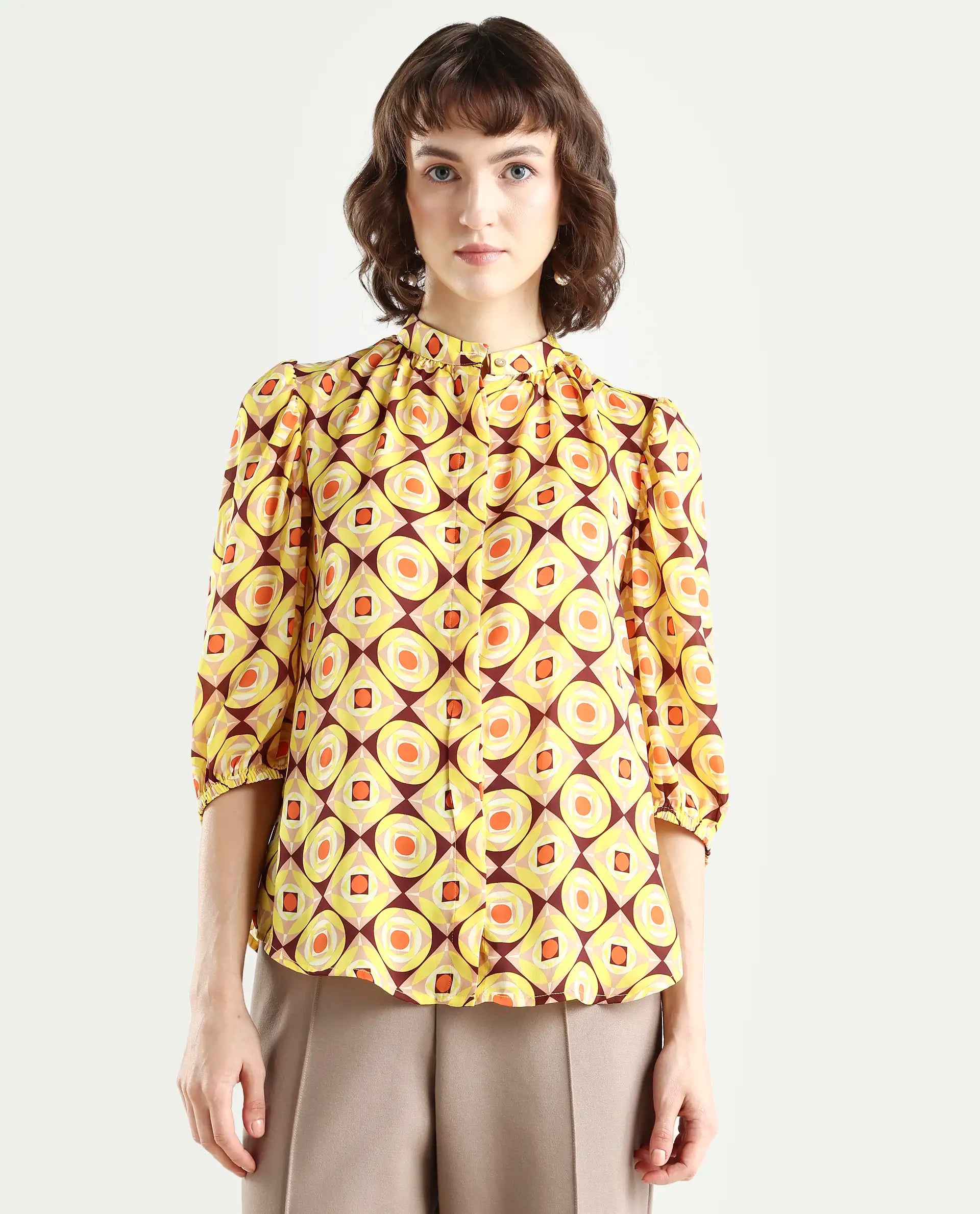 Rareism Women's Mason Yellow Polyester Mandarin Collar Geometric Print Balloon Sleeve Regular Fit Top